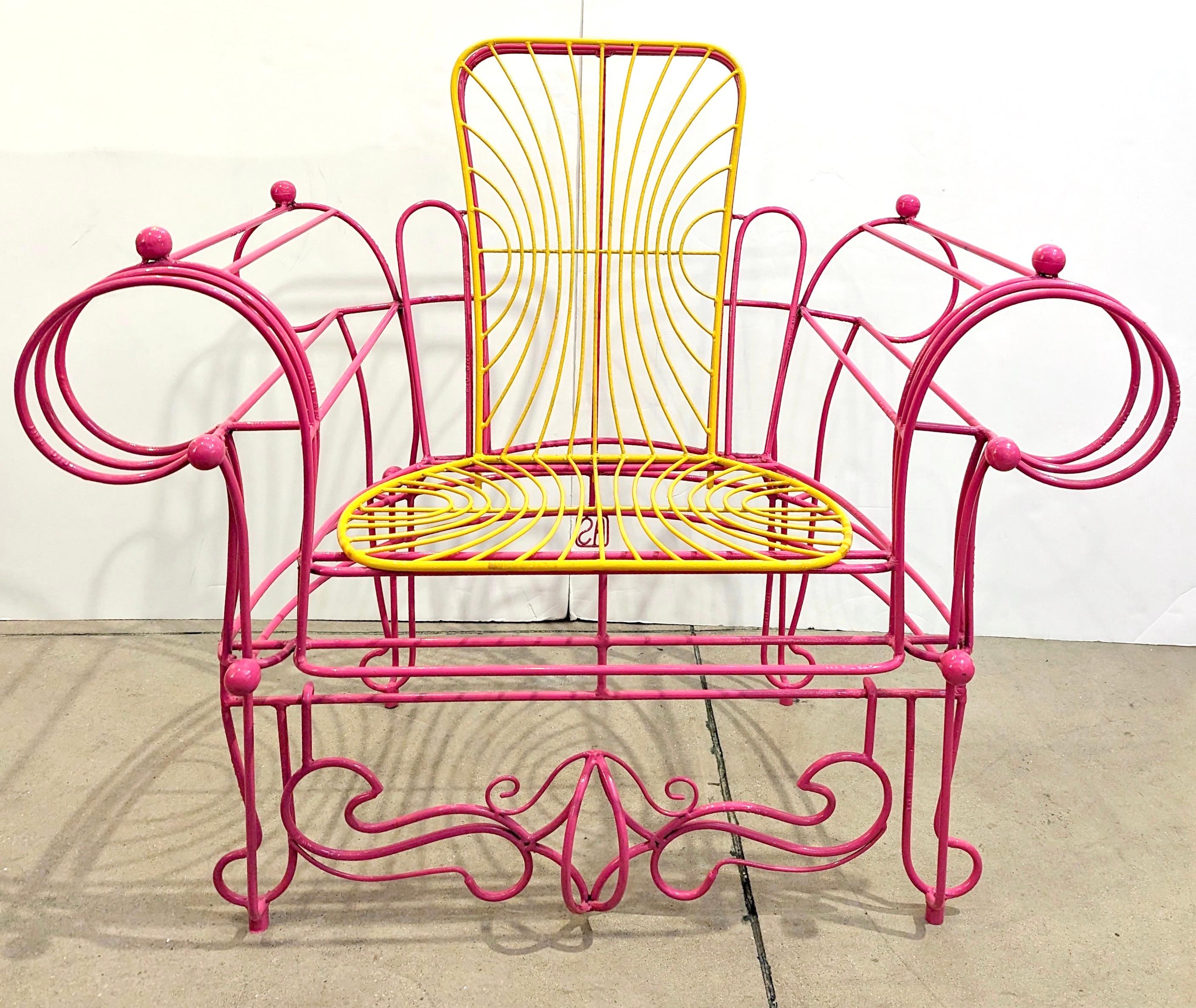 1990s Spazzapan Italian Pop Art Pair of Pink Yellow Metal Armchairs Sculptures For Sale 8
