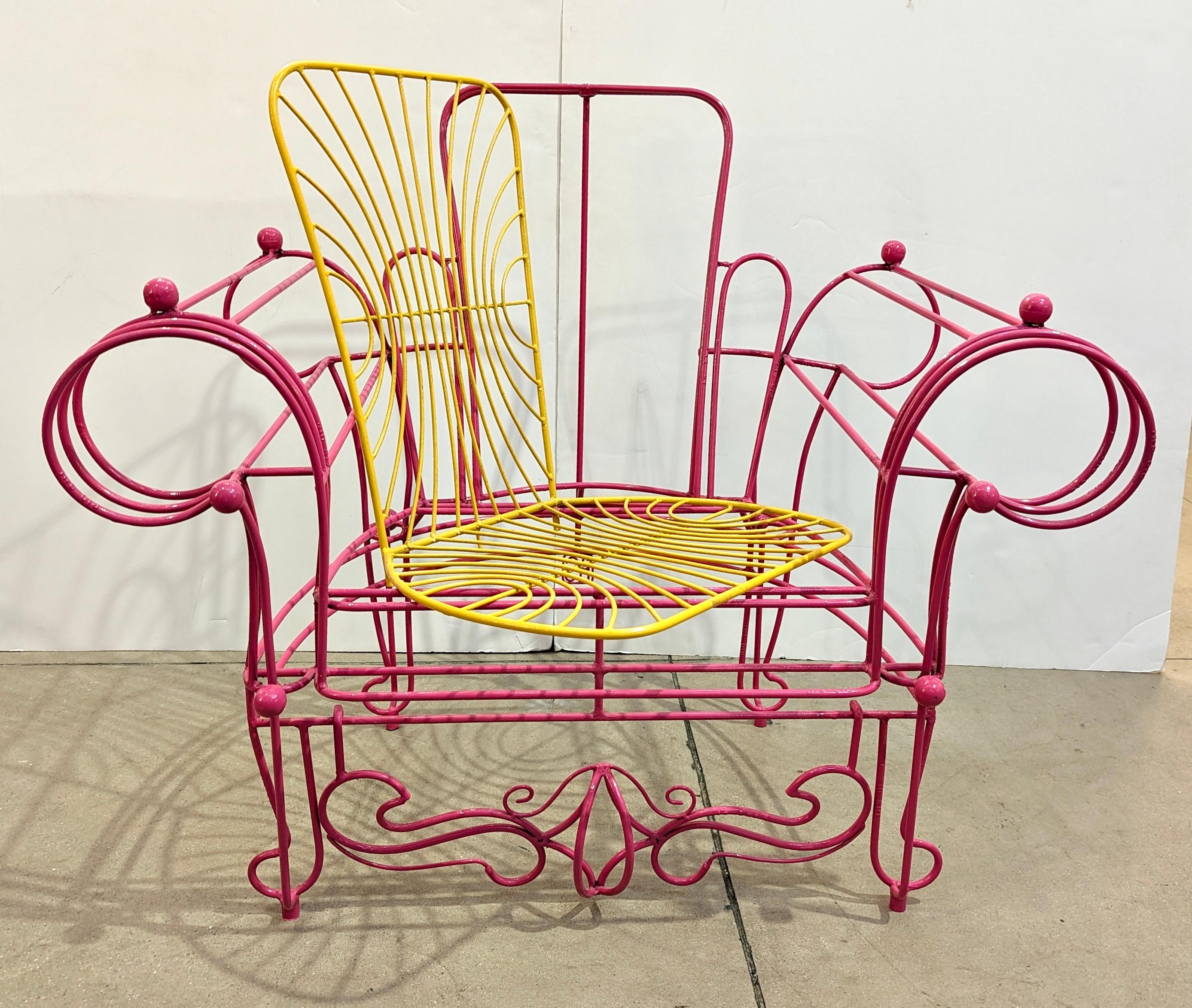 Post-Modern 1990s Spazzapan Italian Pop Art Pair of Pink Yellow Metal Armchairs Sculptures For Sale
