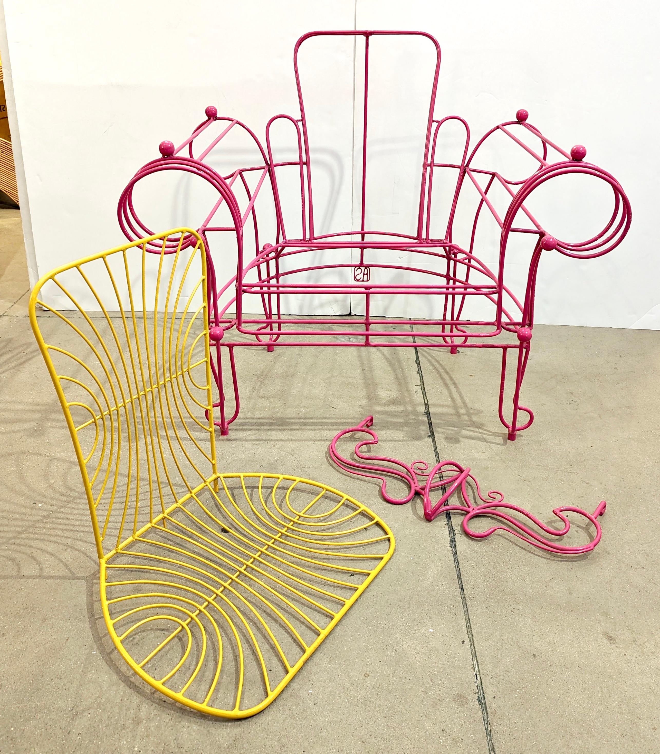 Hand-Crafted 1990s Spazzapan Italian Pop Art Pair of Pink Yellow Metal Armchairs Sculptures For Sale