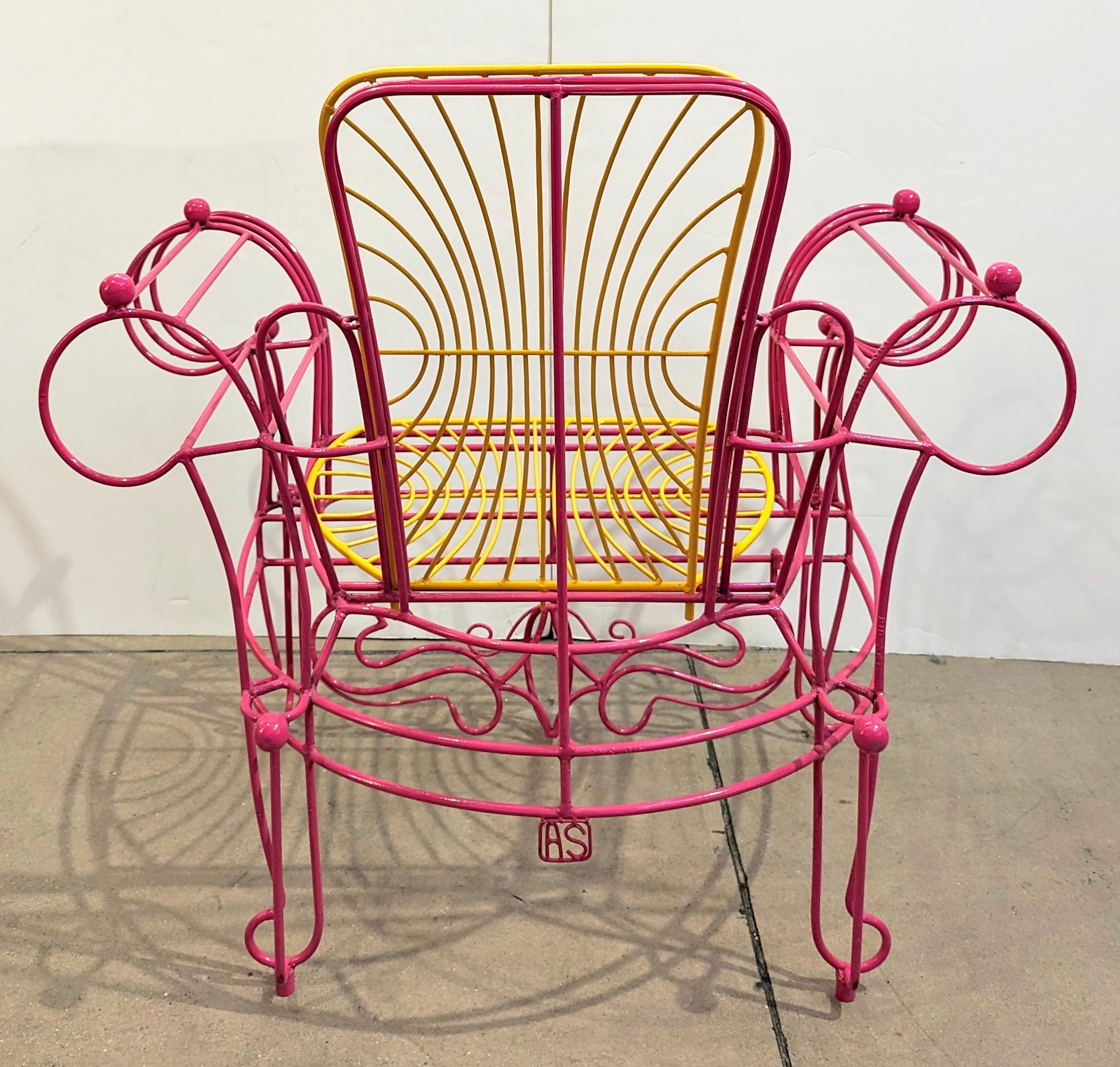 1990s Spazzapan Italian Pop Art Pair of Pink Yellow Metal Armchairs Sculptures In Good Condition For Sale In New York, NY