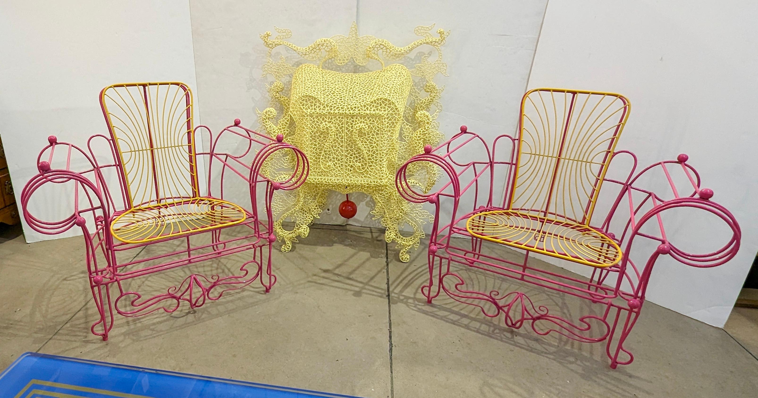 20th Century 1990s Spazzapan Italian Pop Art Pair of Pink Yellow Metal Armchairs Sculptures For Sale