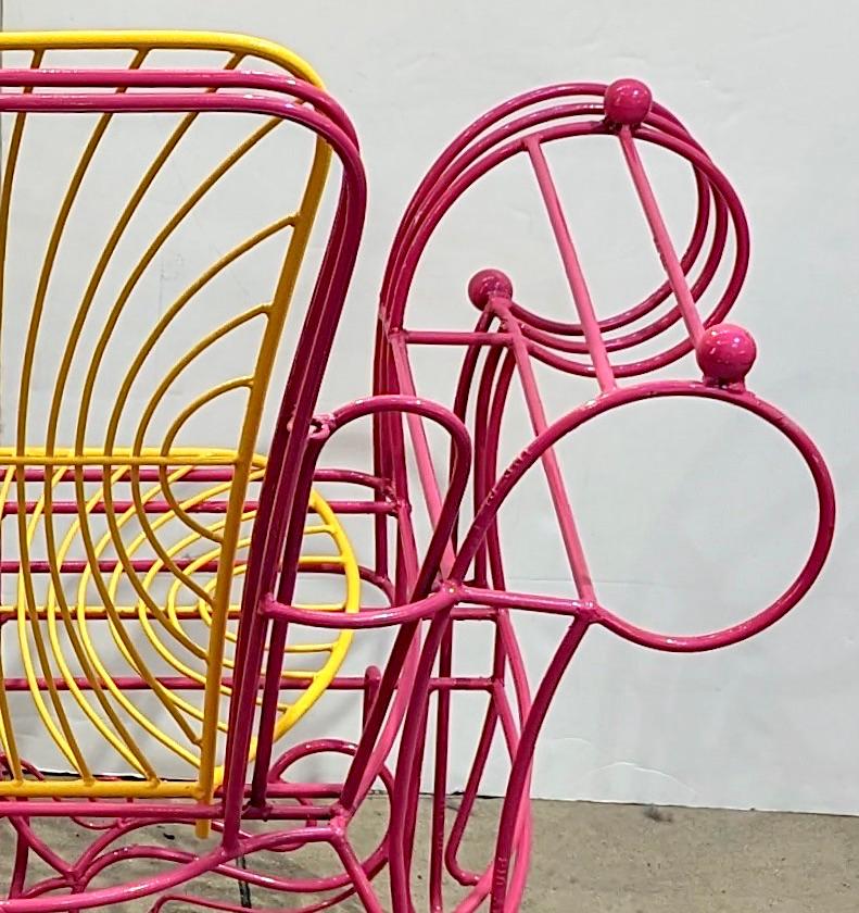 Iron 1990s Spazzapan Italian Pop Art Pair of Pink Yellow Metal Armchairs Sculptures For Sale