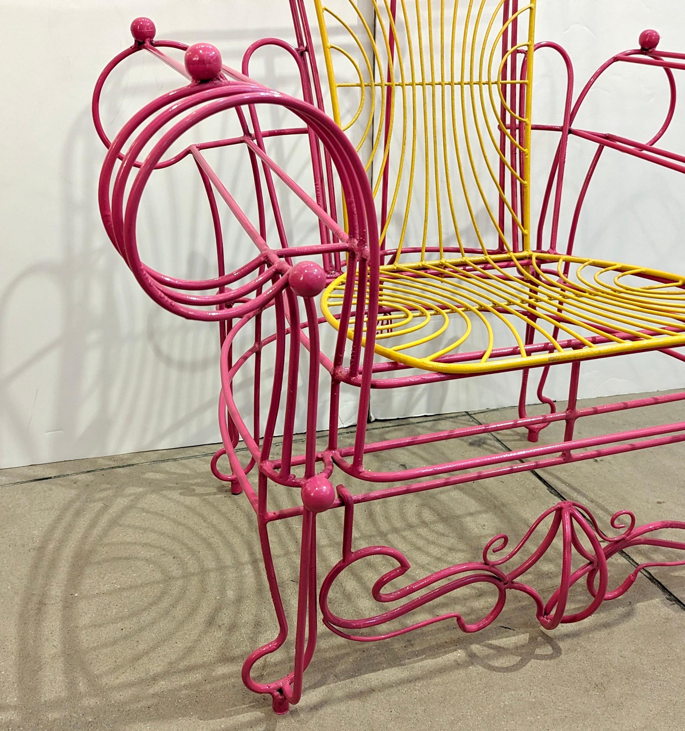 1990s Spazzapan Italian Pop Art Pair of Pink Yellow Metal Armchairs Sculptures For Sale 2
