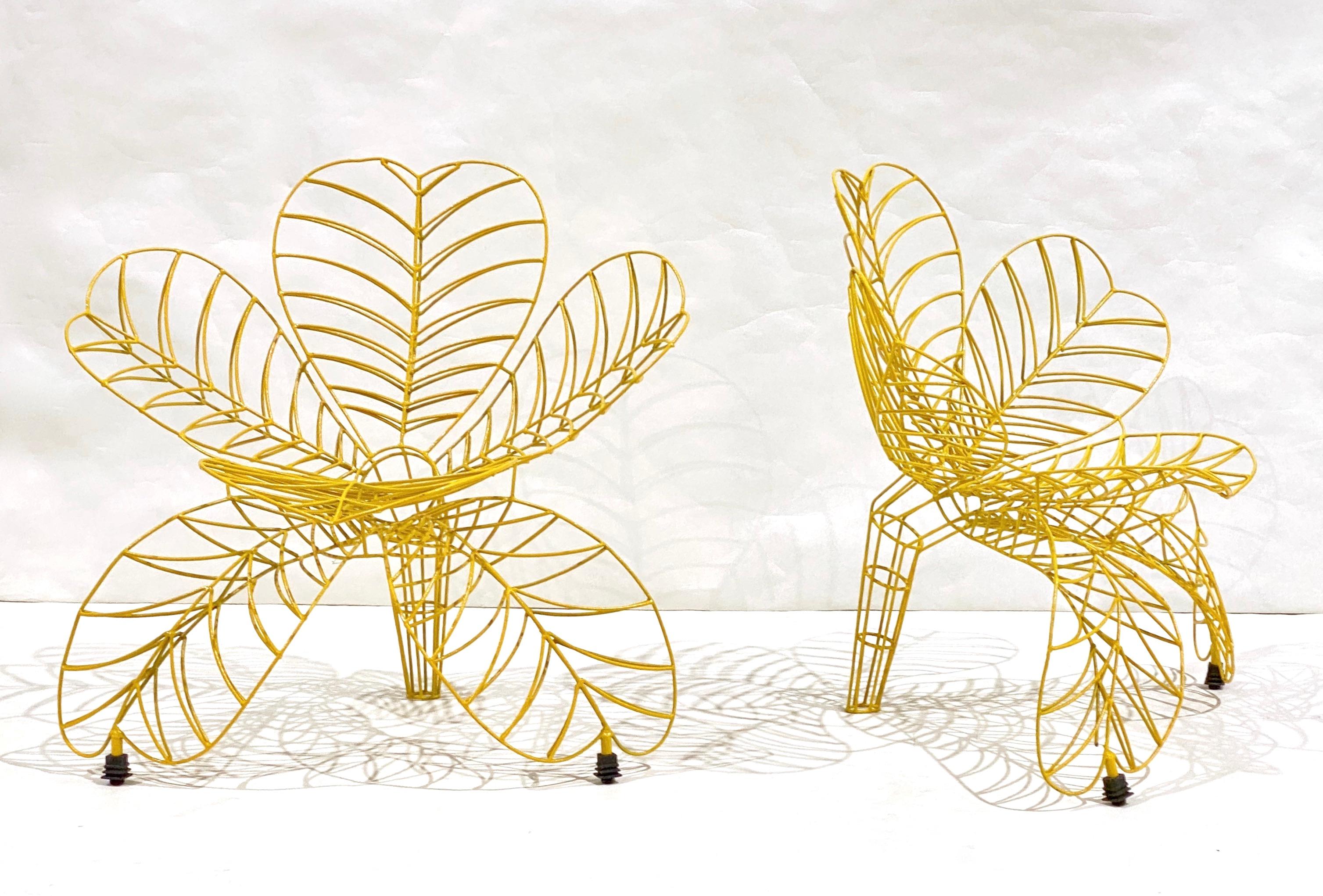 1990s Spazzapan Italian Pop Art Pair of Yellow Metal Flower Armchairs Sculptures 5