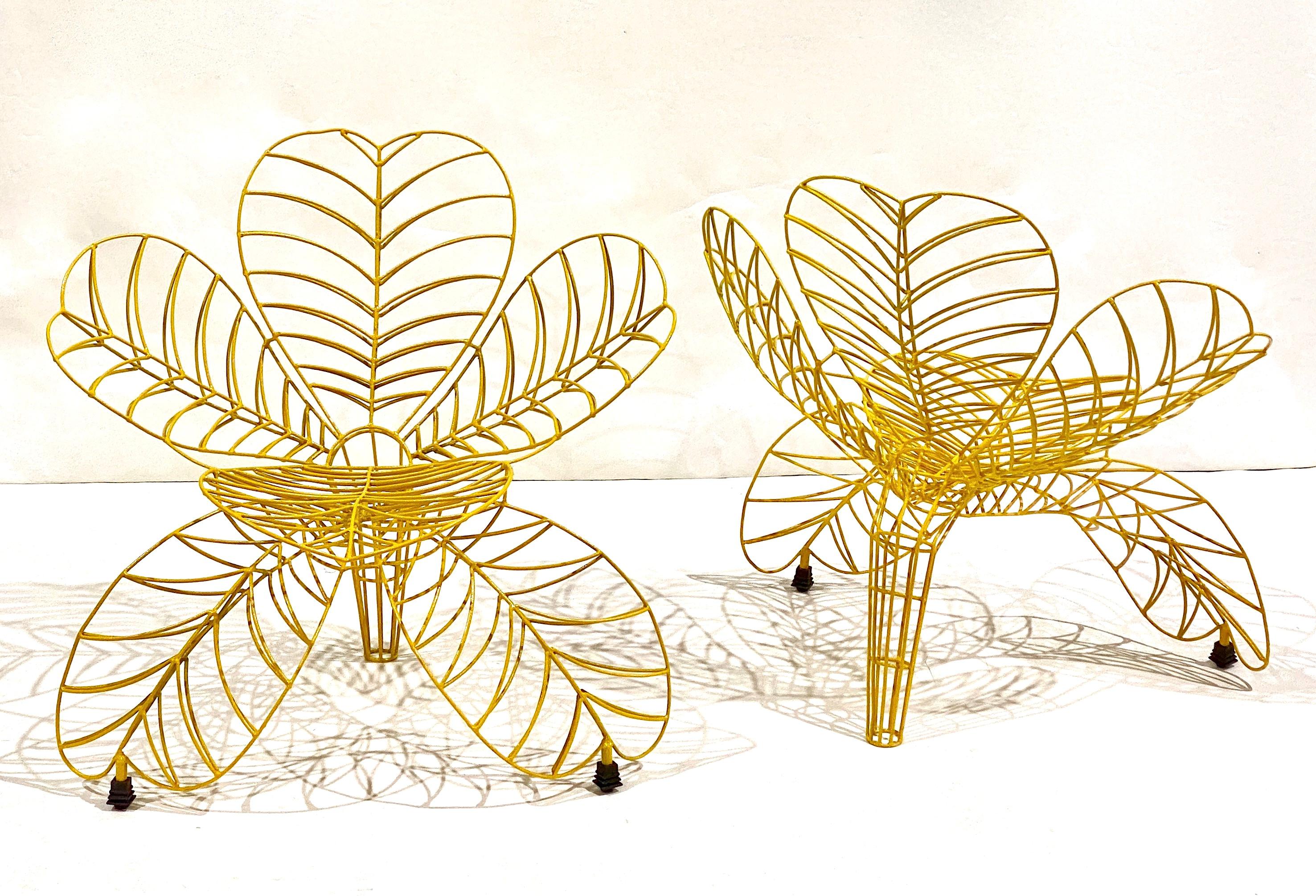 1990s Spazzapan Italian Pop Art Pair of Yellow Metal Flower Armchairs Sculptures 6