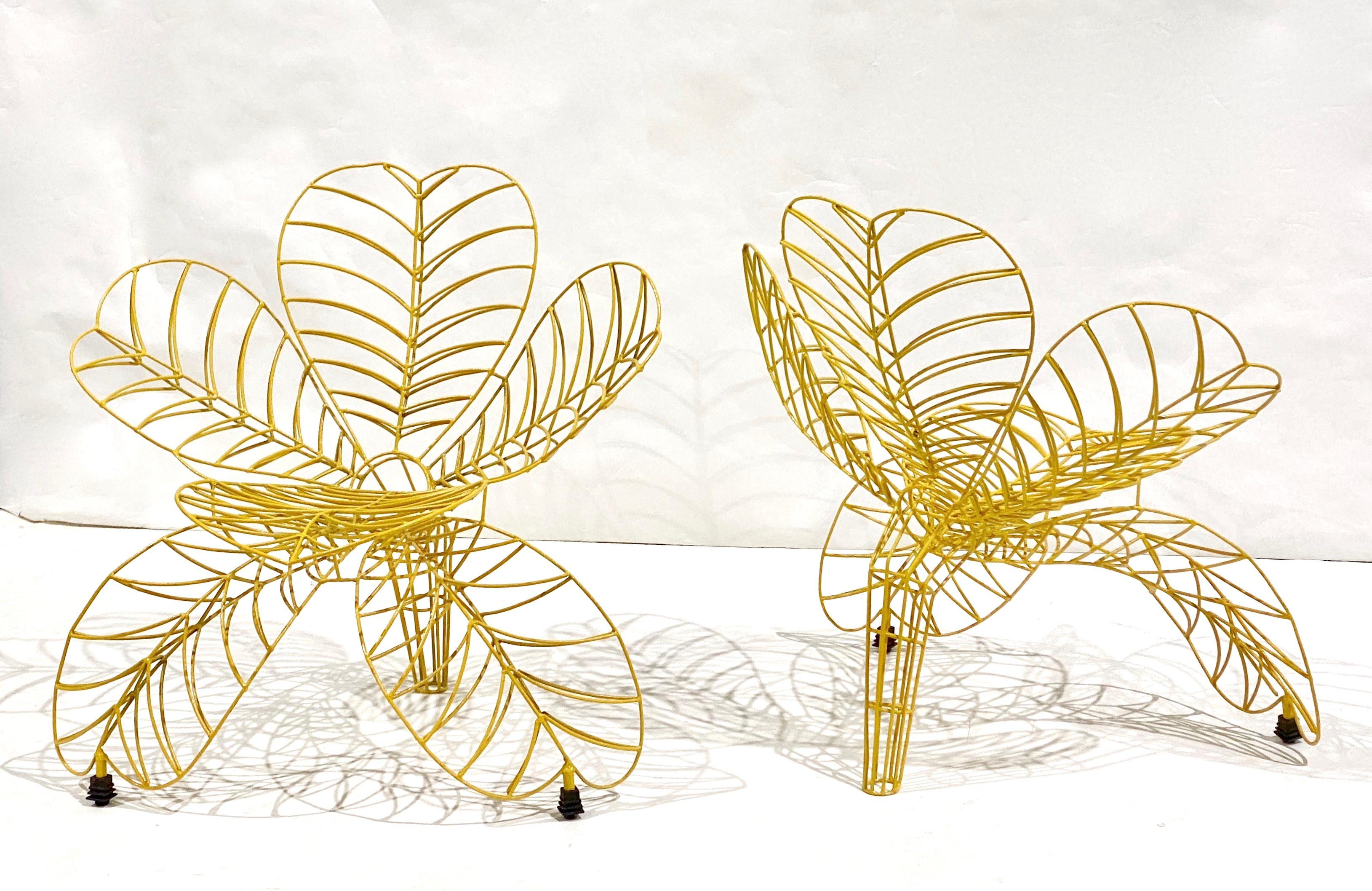 1990s Spazzapan Italian Pop Art Pair of Yellow Metal Flower Armchairs Sculptures 7