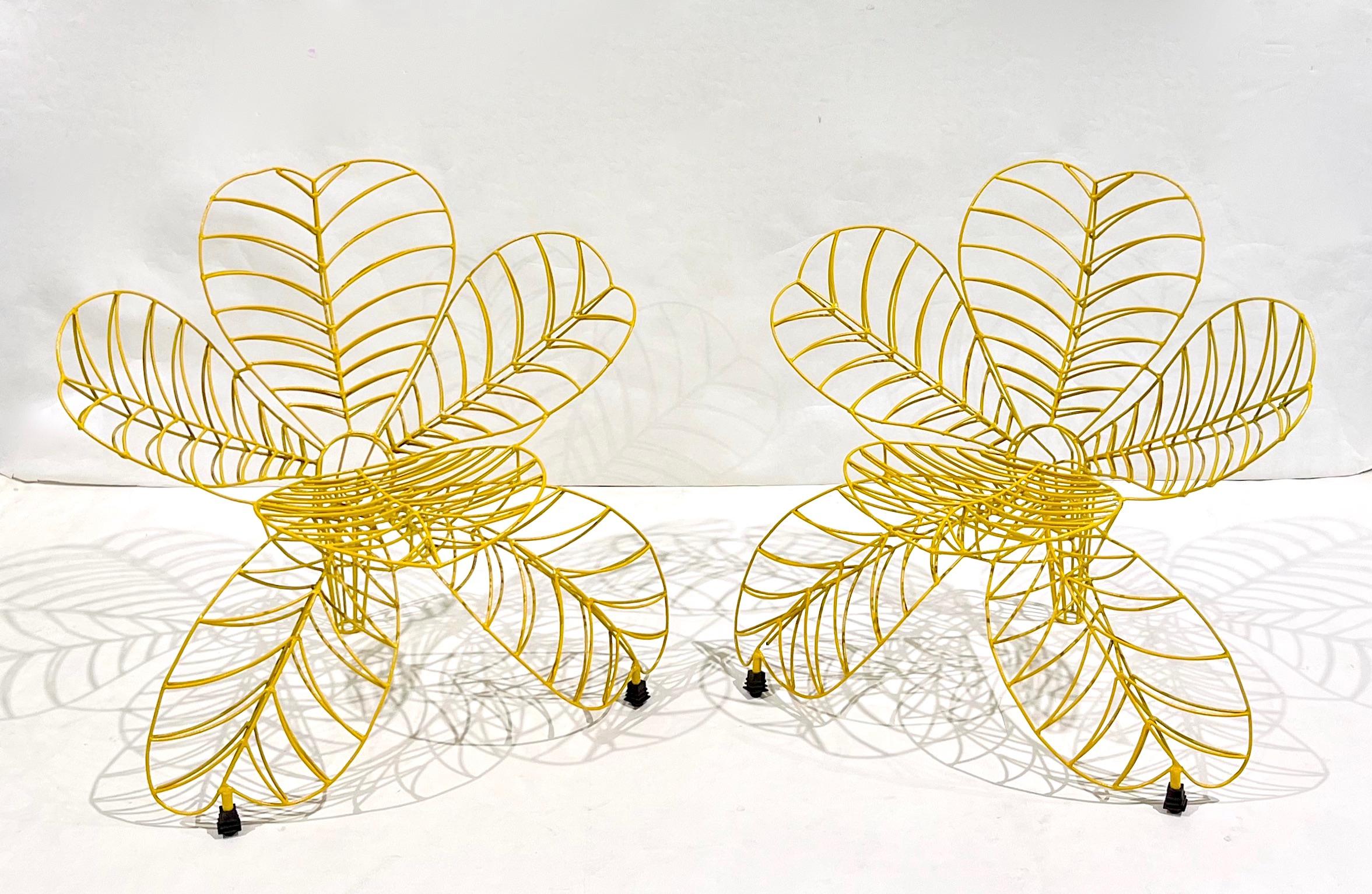 This fun pair of armchairs is a unique organic modern design manufactured and signed by the Italian artist, Anacleto Spazzapan (Luino, Italy - 1943). The handmade structure is created with hand-welded thin iron tubes, cold painted in lemon yellow.