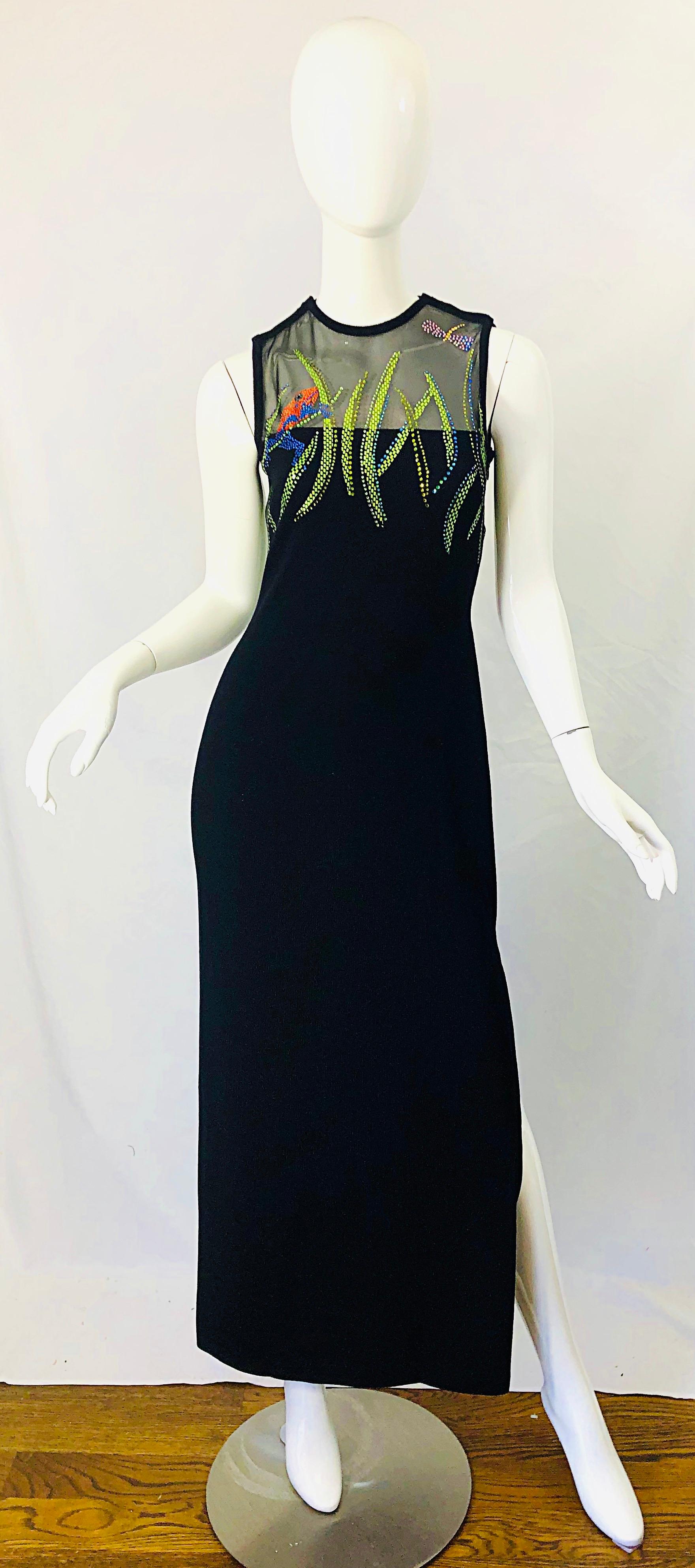 1990er St John Couture Frosche und Libellen Strass Schwarzes Santana-Strickkleid 14