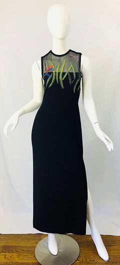 1990s St John Couture Frogs and Dragonflies Rhinestone Black Santana Knit Gown