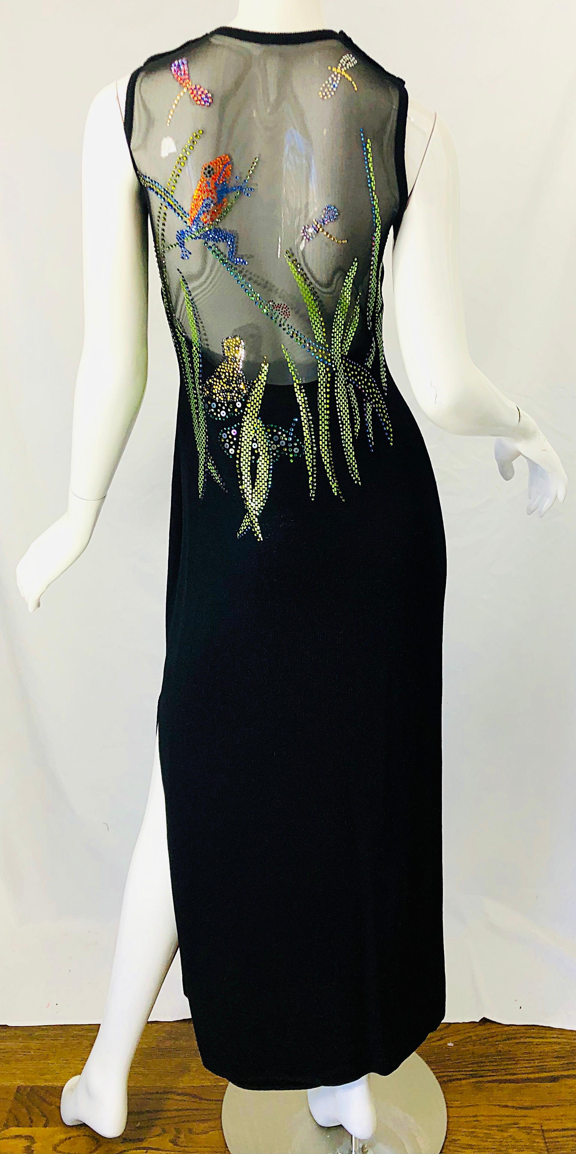 1990er St John Couture Frosche und Libellen Strass Schwarzes Santana-Strickkleid 1
