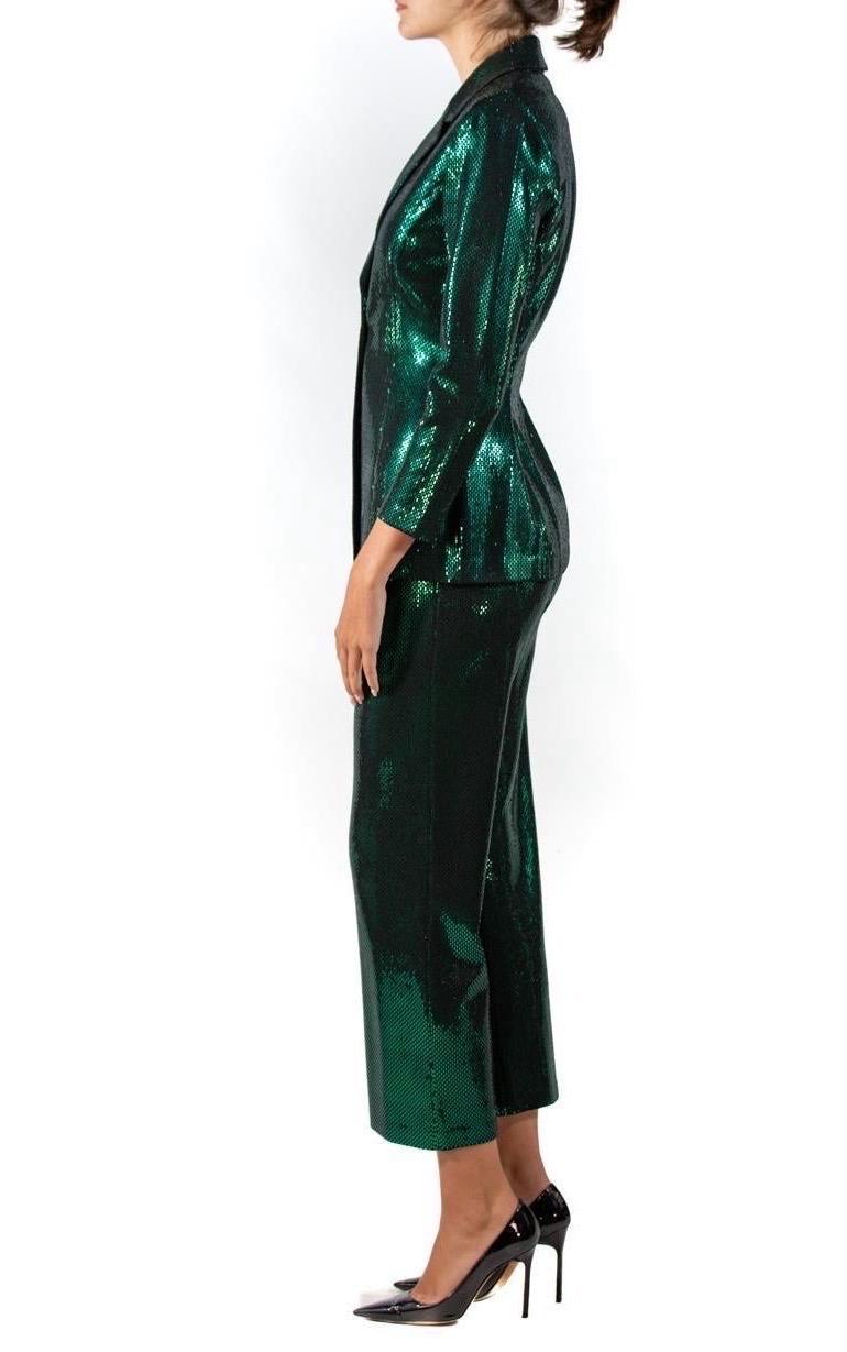 Women's 1990S St John Emerald Green & Black Rayon Blend Knit Pant Suit For Sale