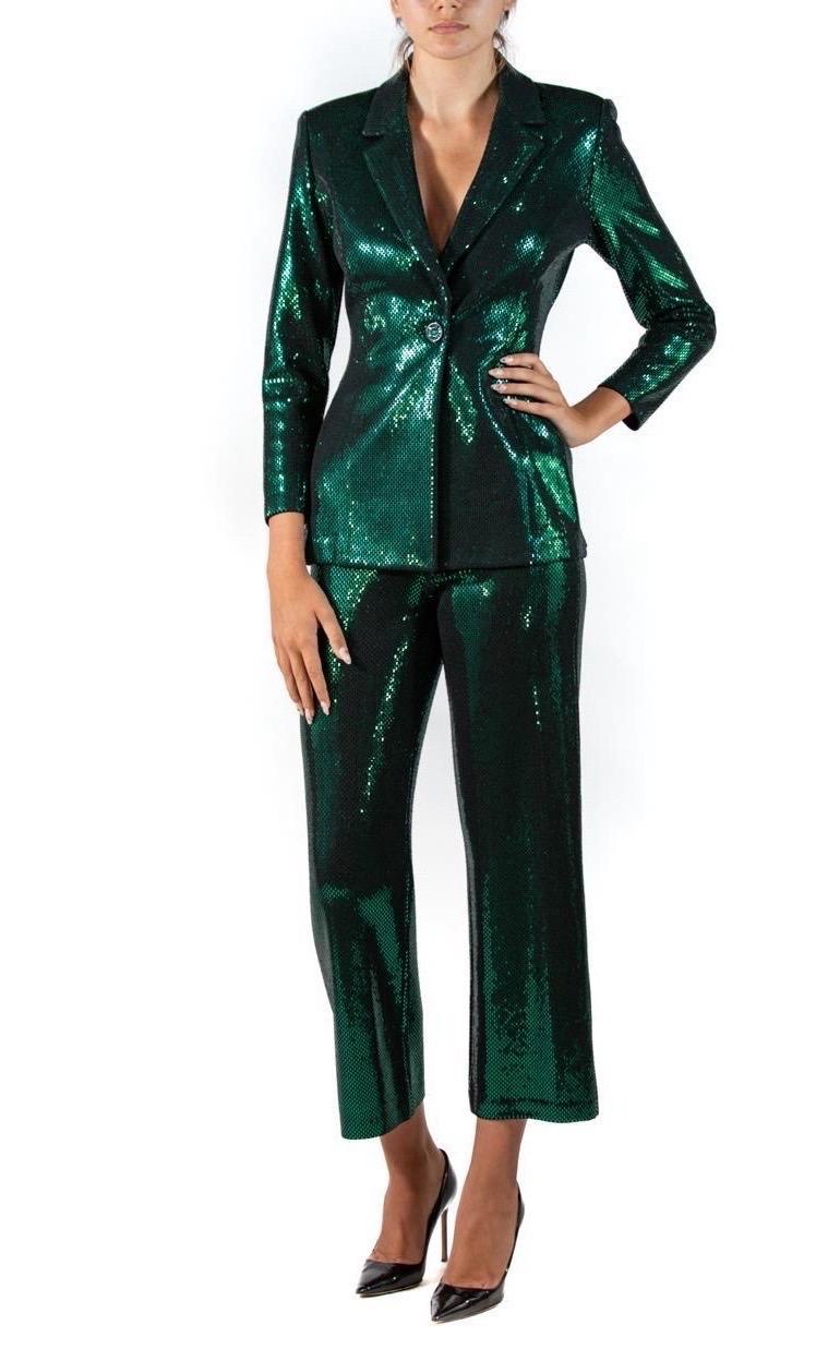 1990S St John Emerald Green & Black Rayon Blend Knit Pant Suit For Sale 4