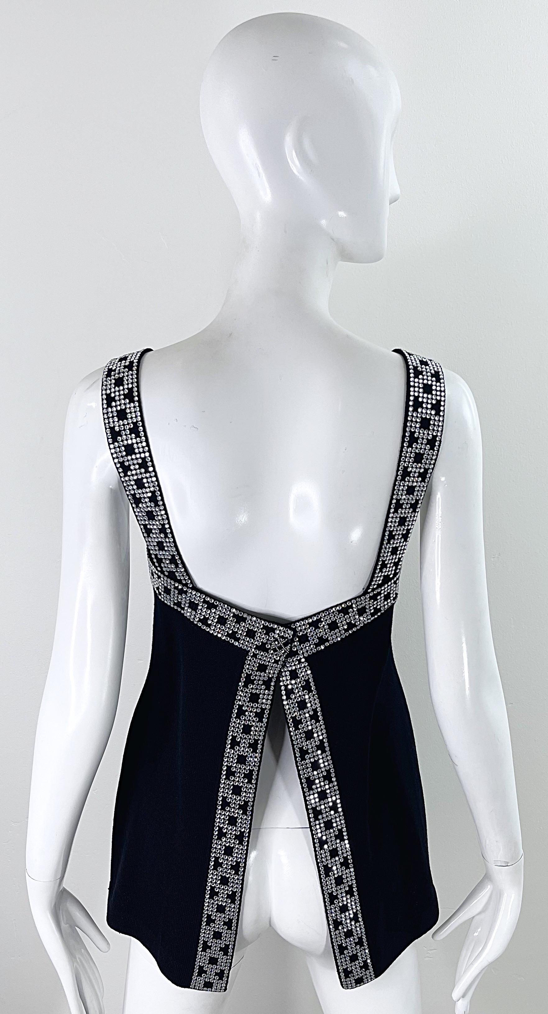 1990s St. John Evening by Marie Gray Black Rhinestone Open Back Vintage Knit Top For Sale 1