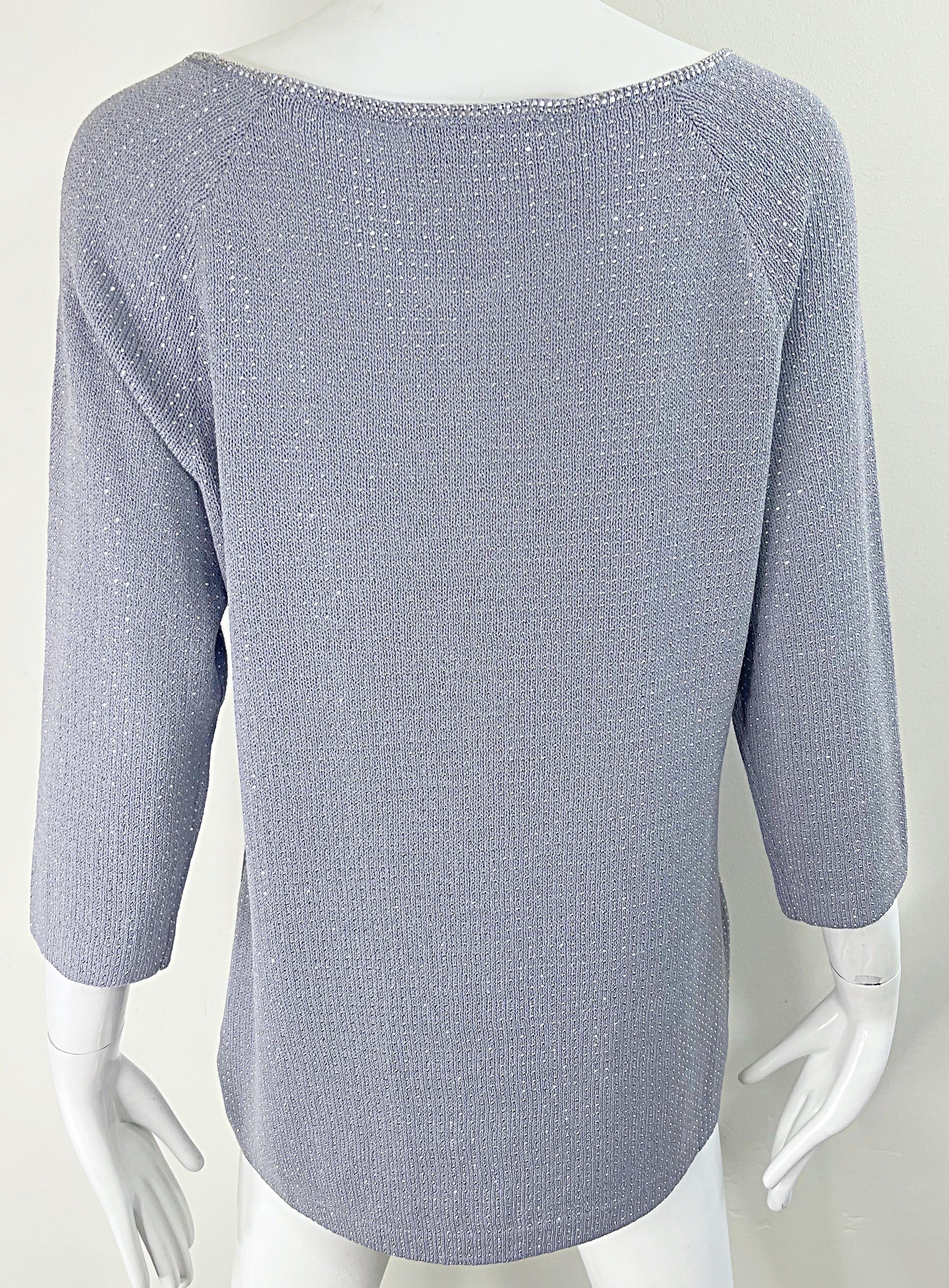 1990s St John Evening Grey Purple Rhinestone Studded 3/4 Sleeves Vintage Sweater For Sale 6