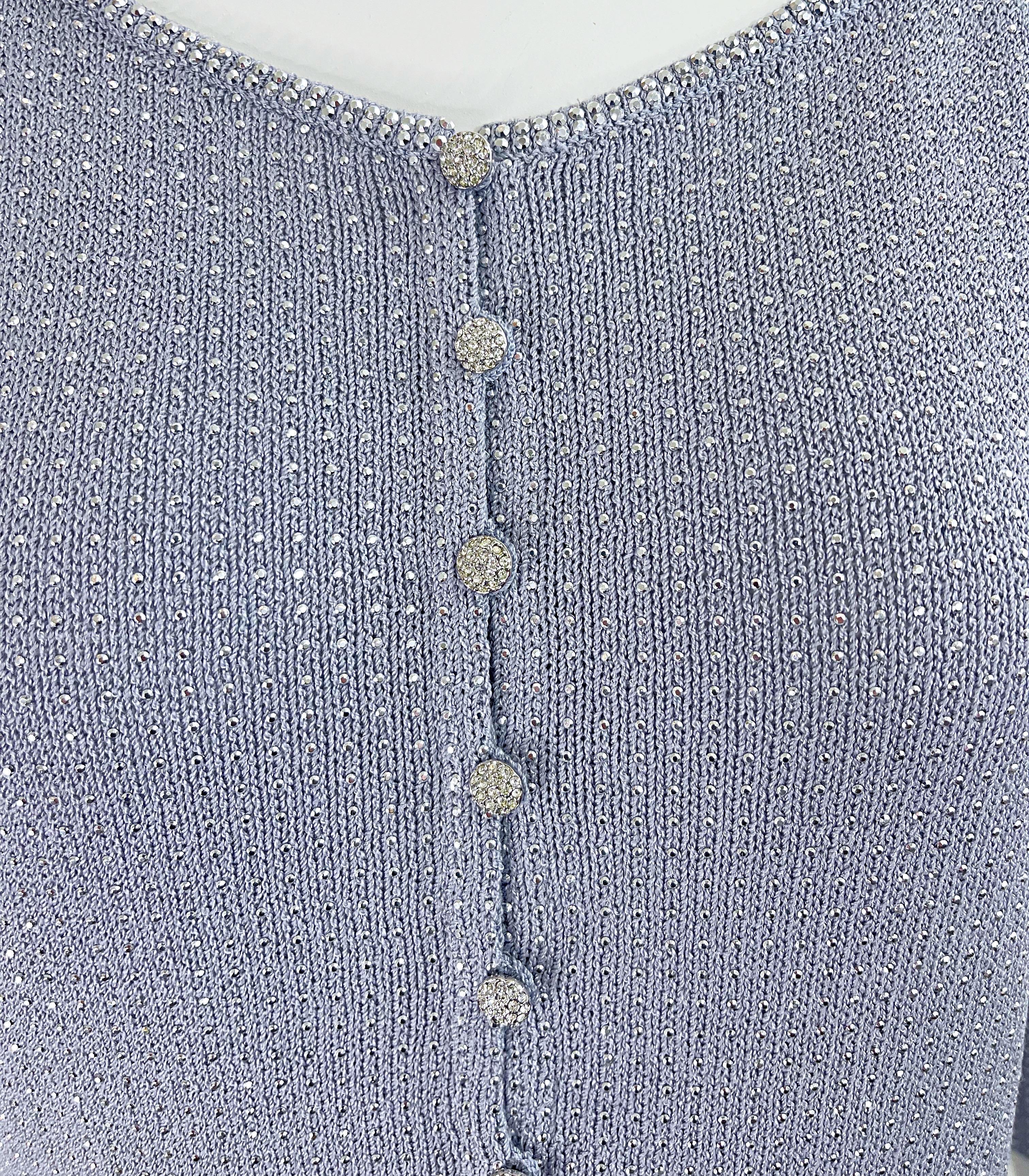 1990s St John Evening Grey Purple Rhinestone Studded 3/4 Sleeves Vintage Sweater For Sale 7