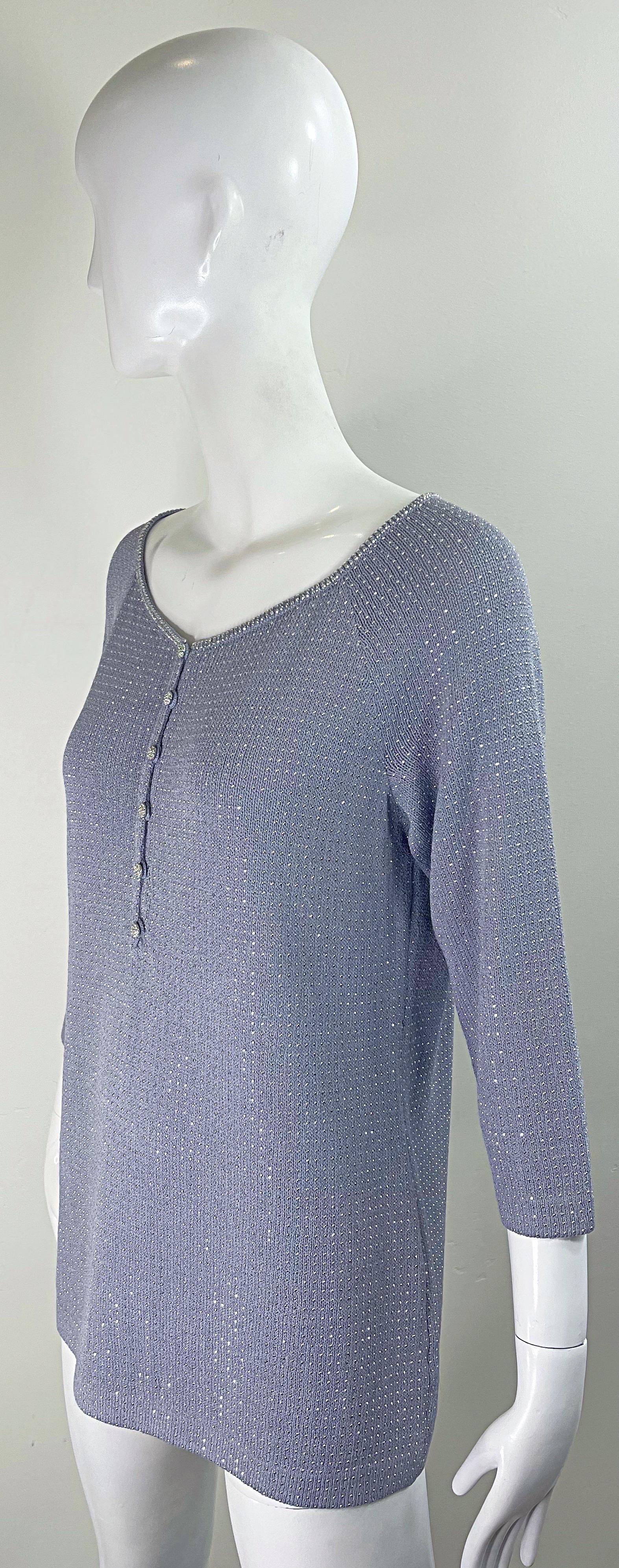 1990s St John Evening Grey Purple Rhinestone Studded 3/4 Sleeves Vintage Sweater For Sale 8