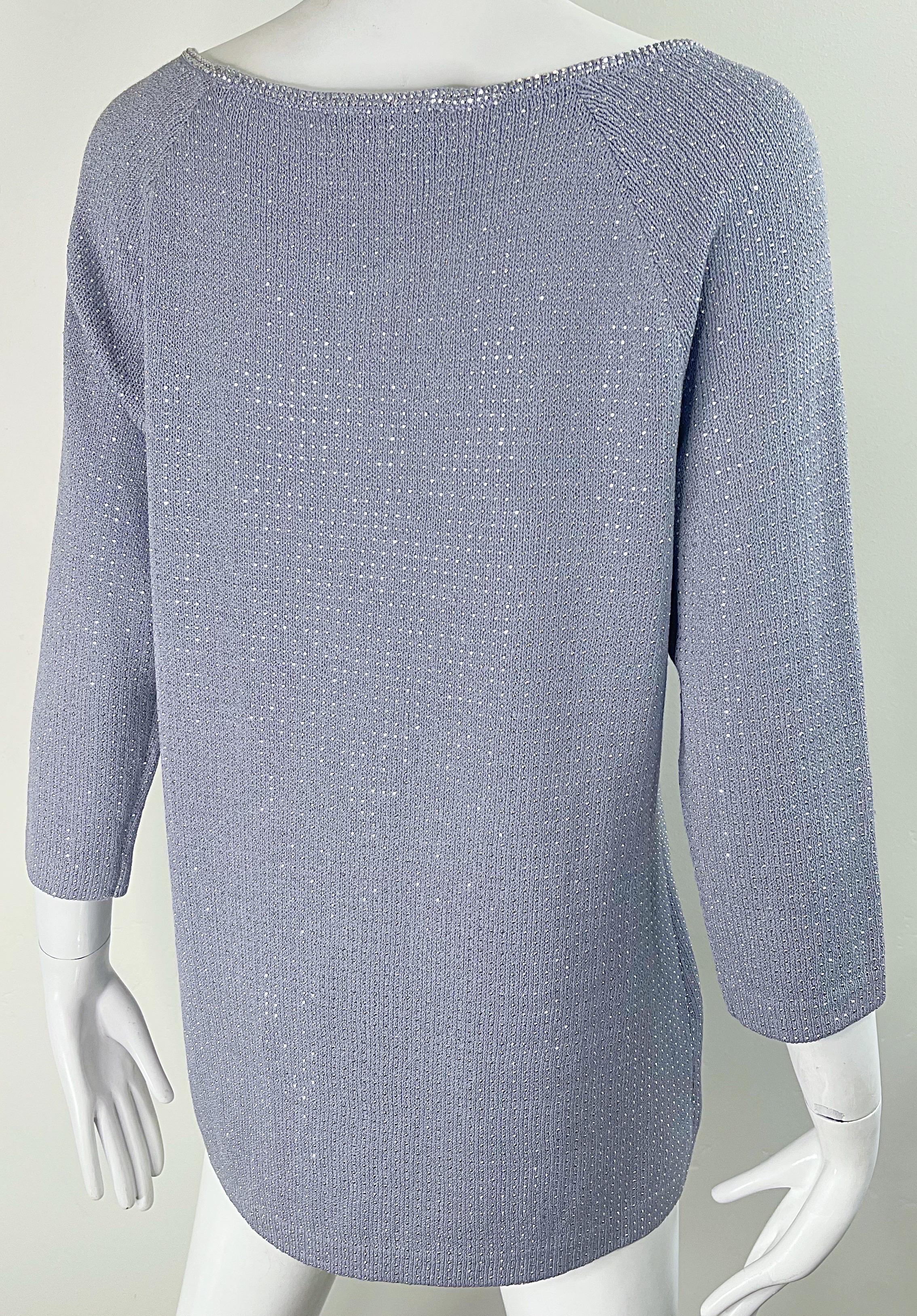 1990s St John Evening Grey Purple Rhinestone Studded 3/4 Sleeves Vintage Sweater For Sale 9