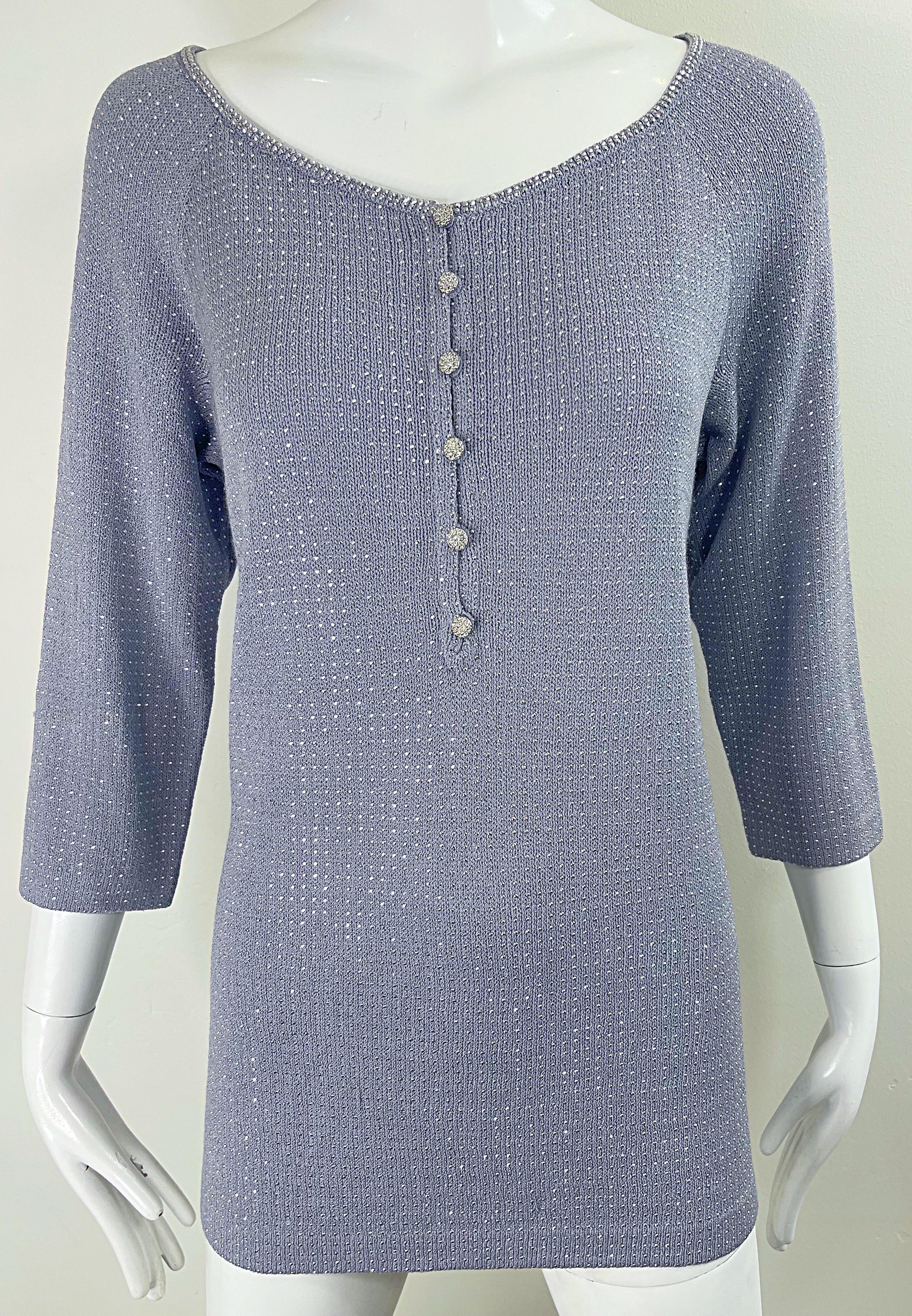 1990s St John Evening Grey Purple Rhinestone Studded 3/4 Sleeves Vintage Sweater For Sale 10