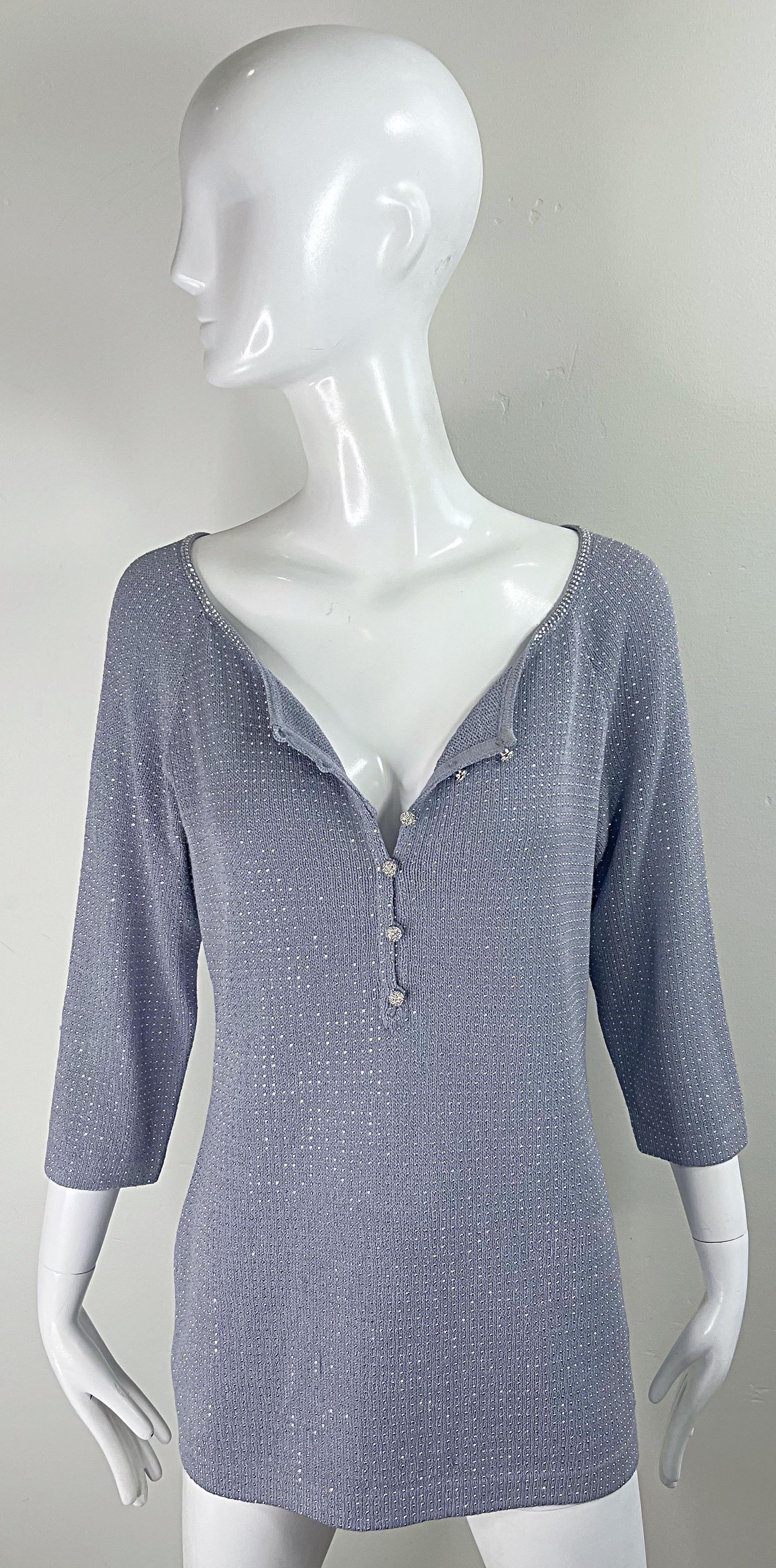 1990s St John Evening Grey Purple Rhinestone Studded 3/4 Sleeves Vintage Sweater For Sale 11