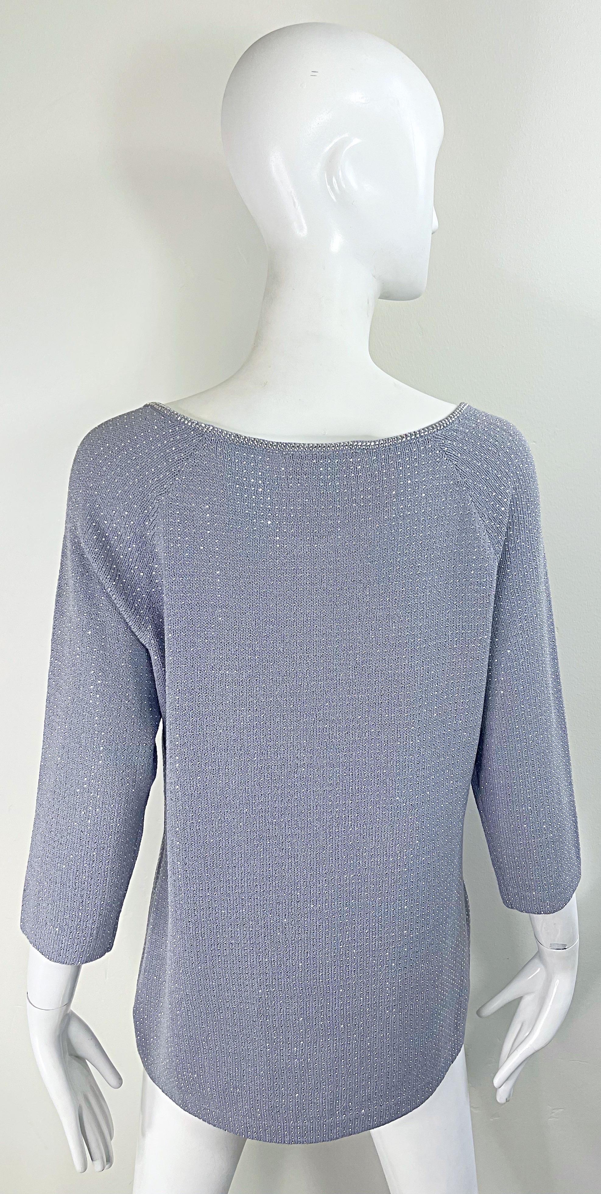 1990s St John Evening Grey Purple Rhinestone Studded 3/4 Sleeves Vintage Sweater For Sale 13