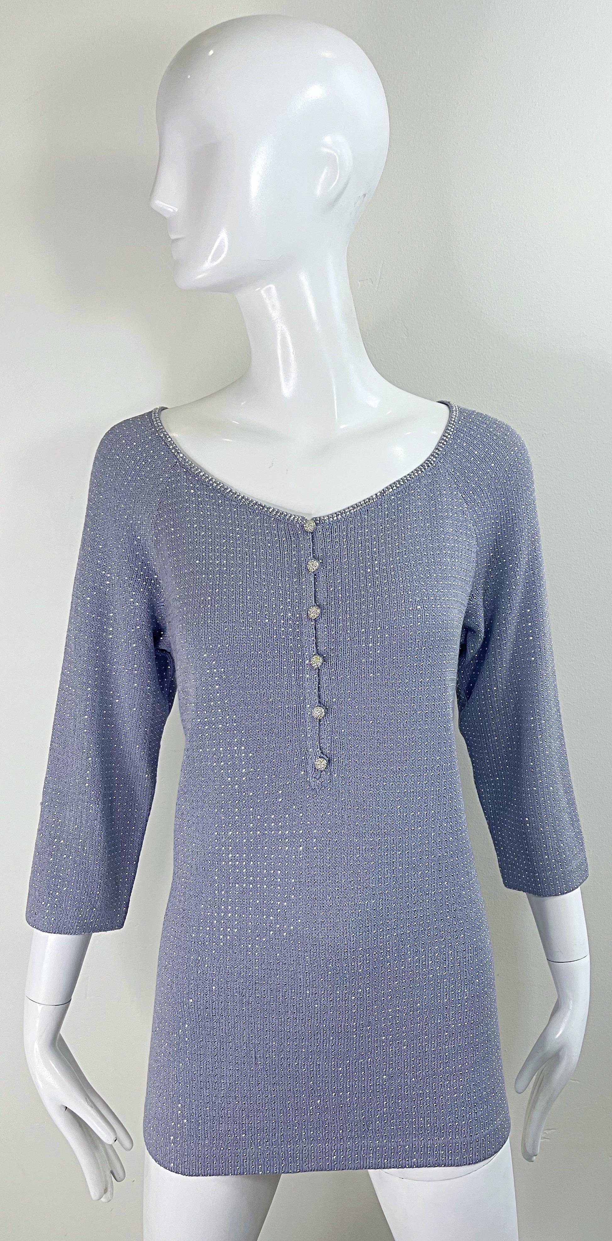 1990s St John Evening Grey Purple Rhinestone Studded 3/4 Sleeves Vintage Sweater For Sale 15
