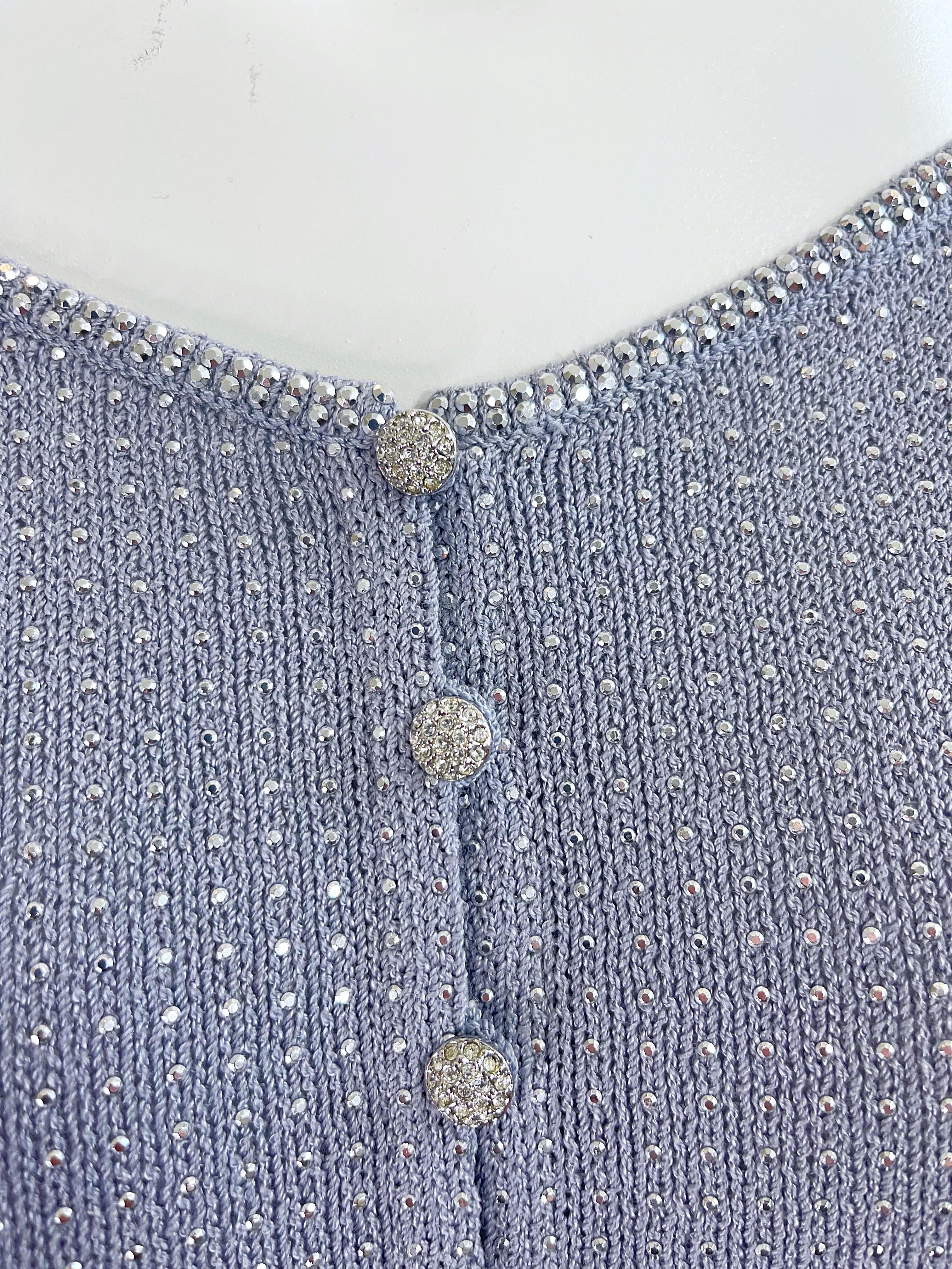 1990s St John Evening Grey Purple Rhinestone Studded 3/4 Sleeves Vintage Sweater In Excellent Condition For Sale In San Diego, CA