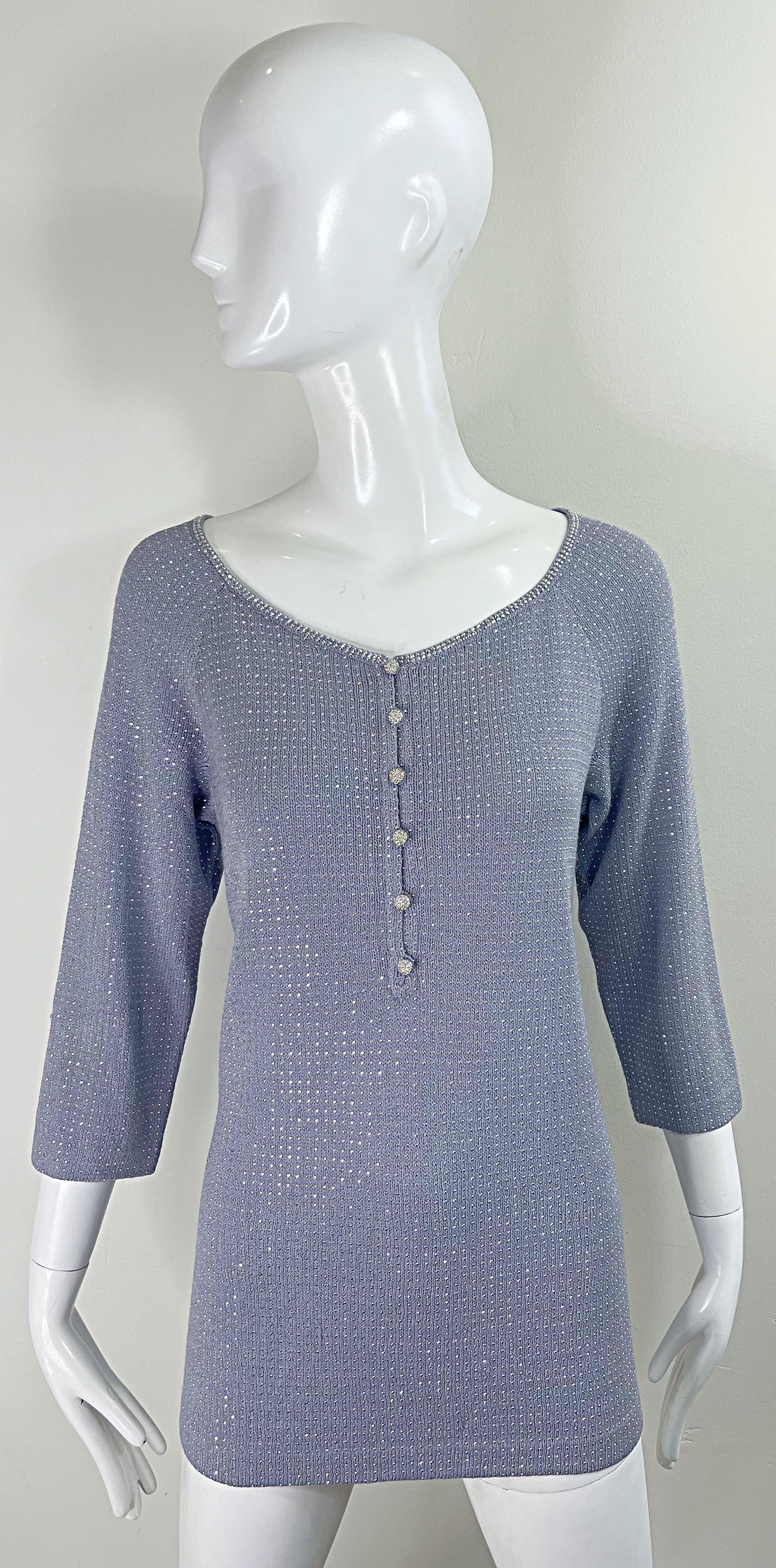Women's 1990s St John Evening Grey Purple Rhinestone Studded 3/4 Sleeves Vintage Sweater For Sale