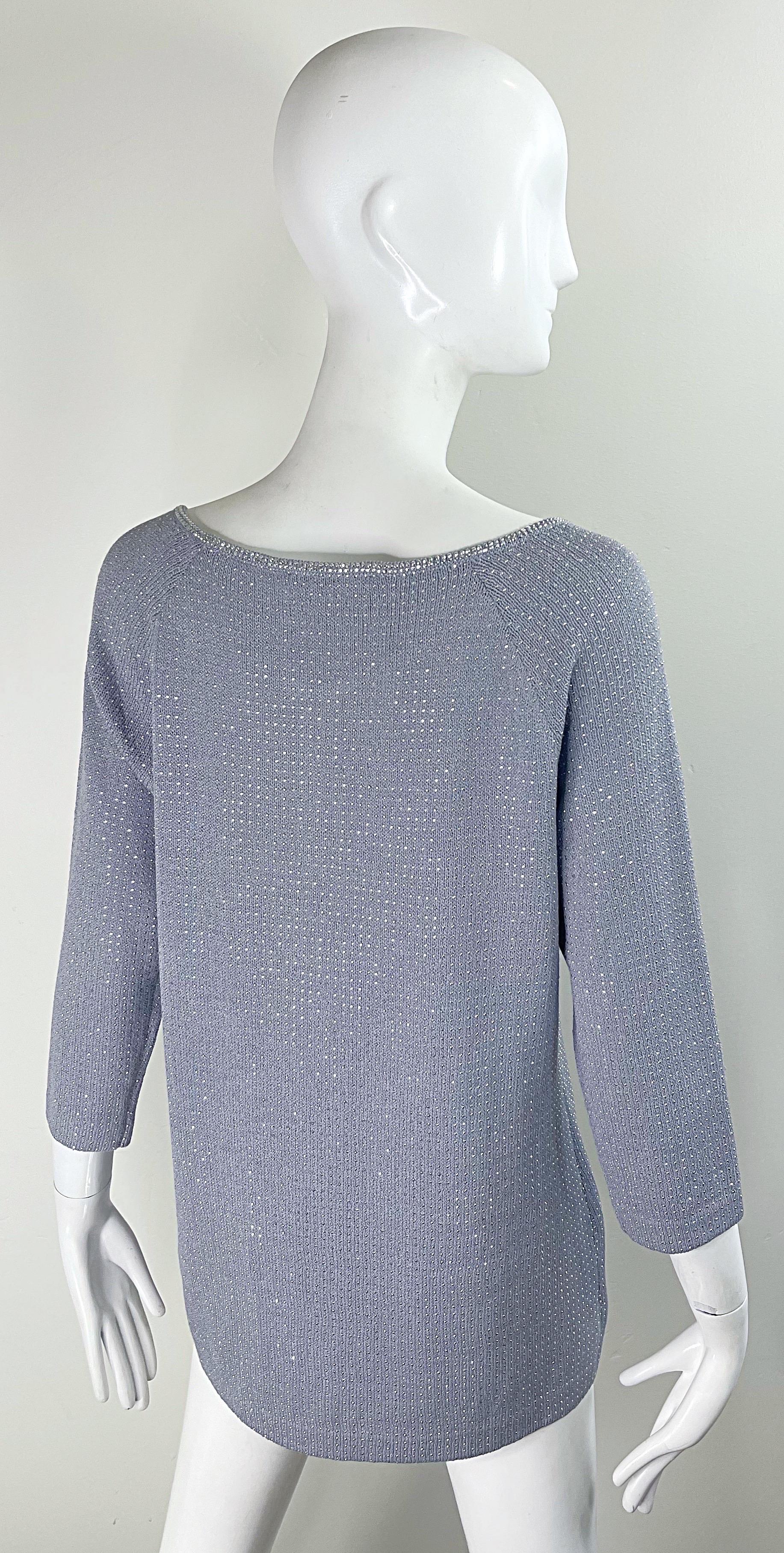 1990s St John Evening Grey Purple Rhinestone Studded 3/4 Sleeves Vintage Sweater For Sale 1