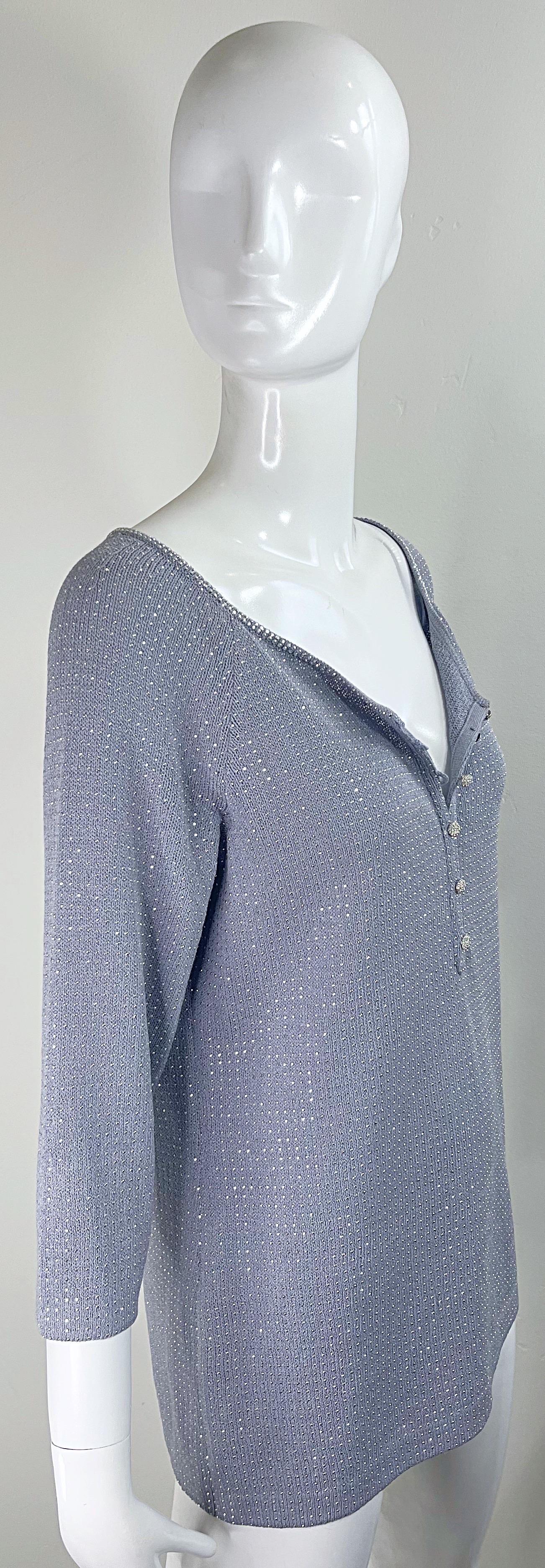 1990s St John Evening Grey Purple Rhinestone Studded 3/4 Sleeves Vintage Sweater For Sale 2