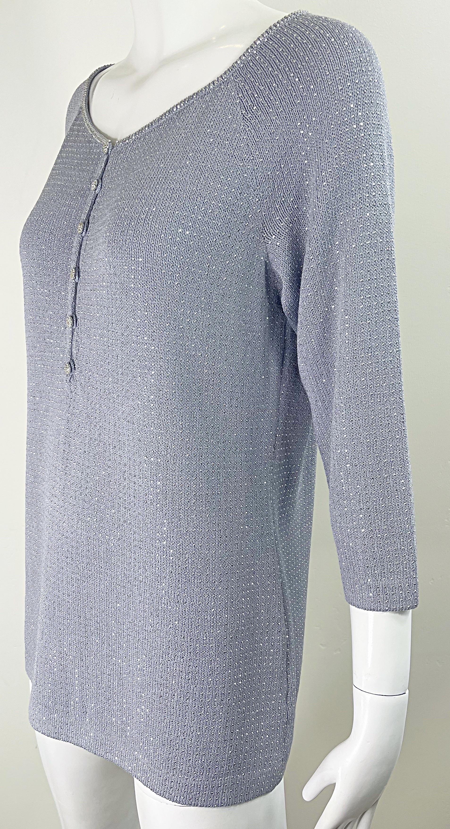 1990s St John Evening Grey Purple Rhinestone Studded 3/4 Sleeves Vintage Sweater For Sale 3