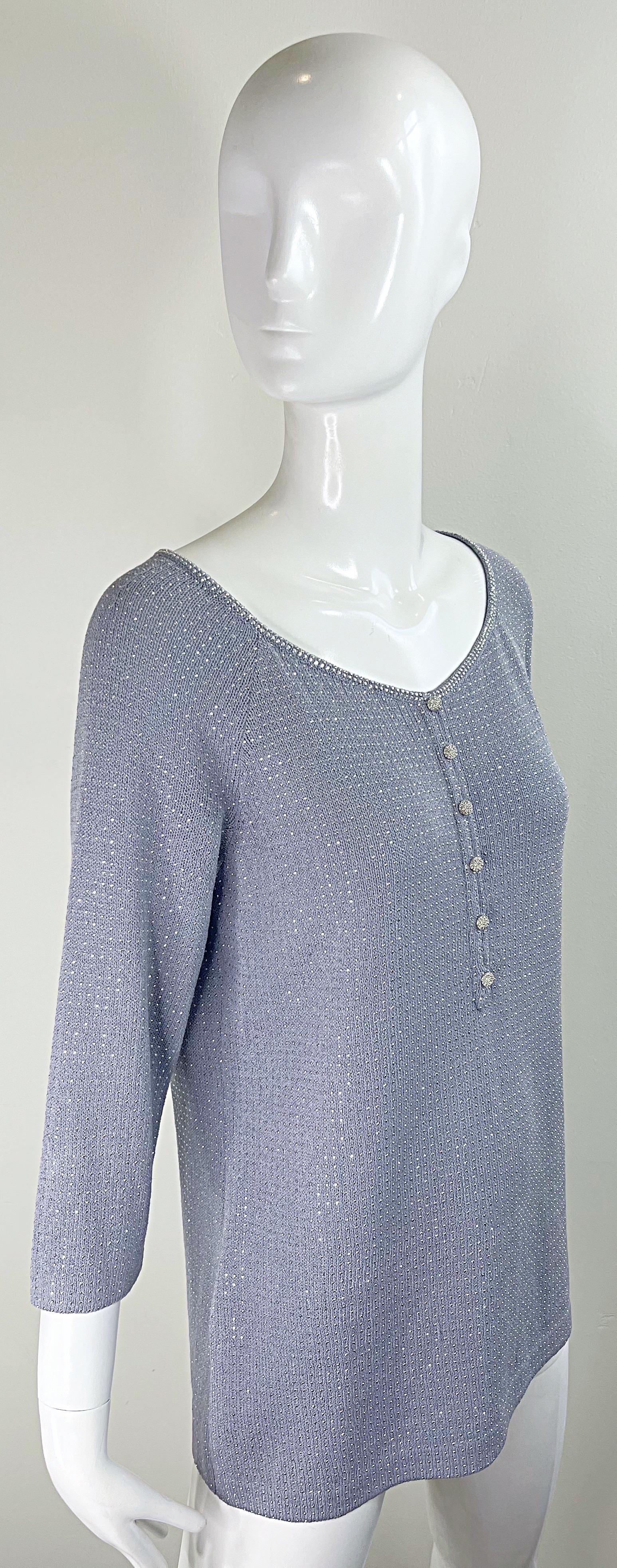 1990s St John Evening Grey Purple Rhinestone Studded 3/4 Sleeves Vintage Sweater For Sale 4