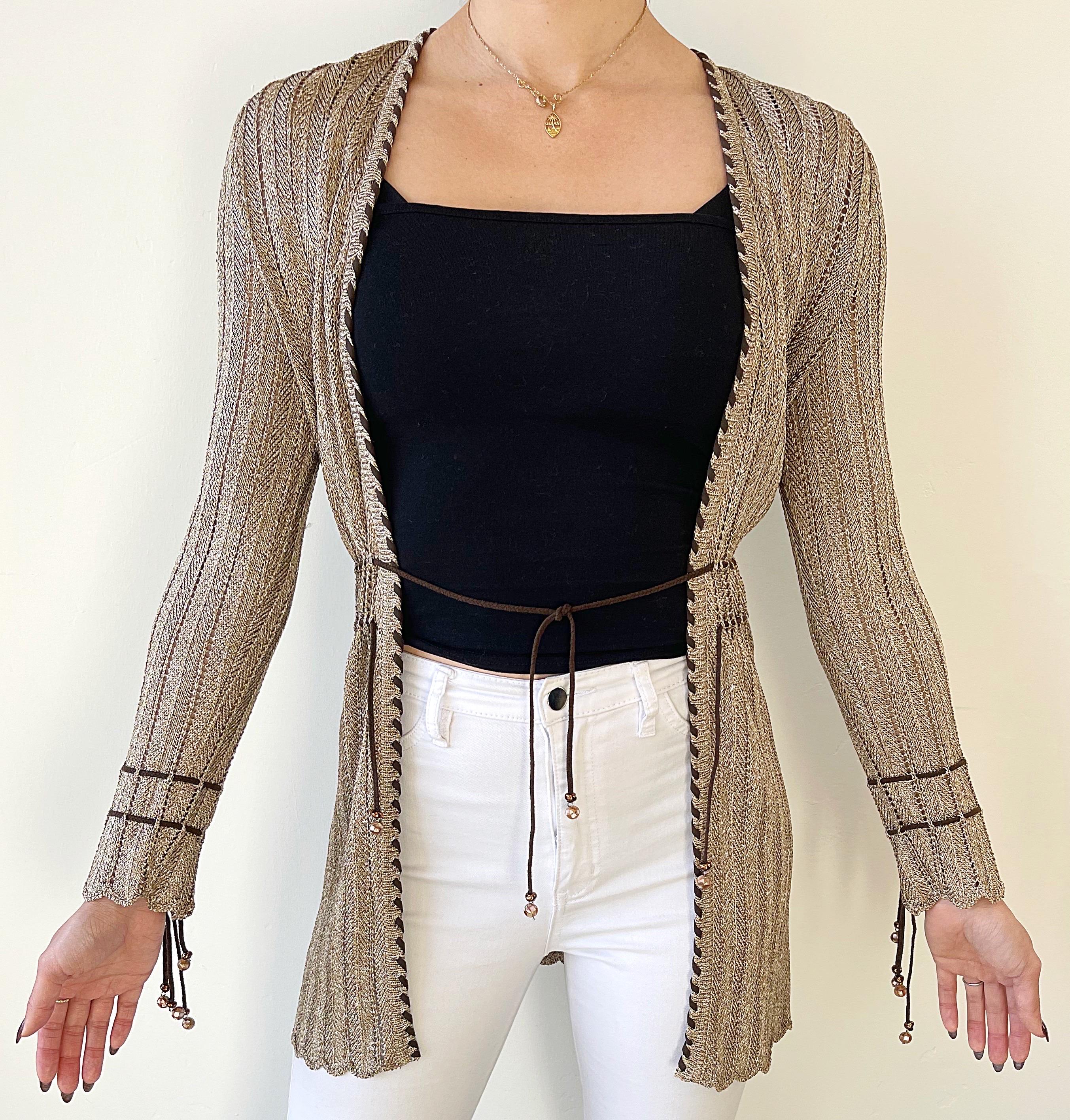 Donna 1990 St. John Sport by Marie Gray Petite Taupe Brown Beaded Rayon Cardigan Top in vendita