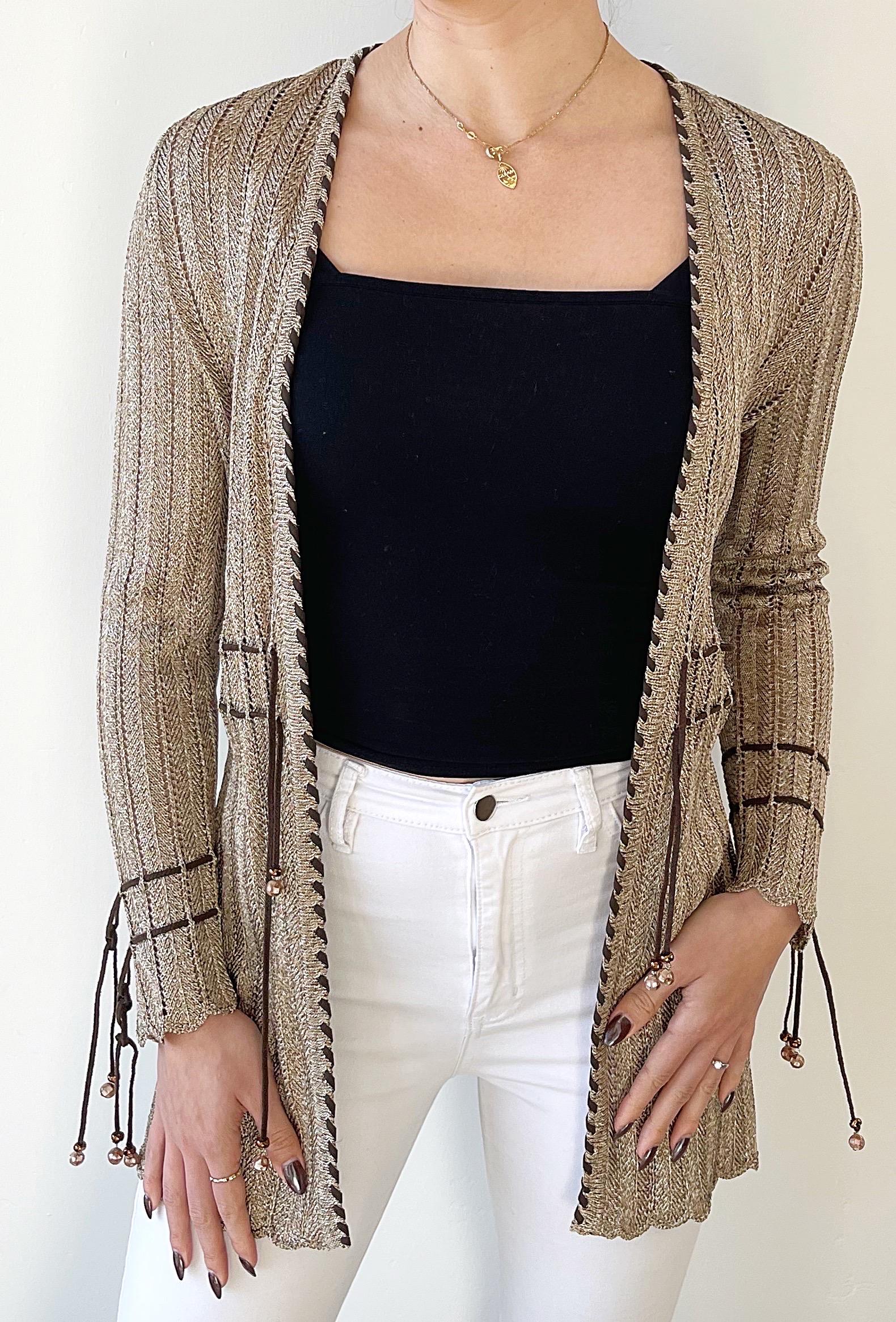 1990 St. John Sport by Marie Gray Petite Taupe Brown Beaded Rayon Cardigan Top in vendita 1