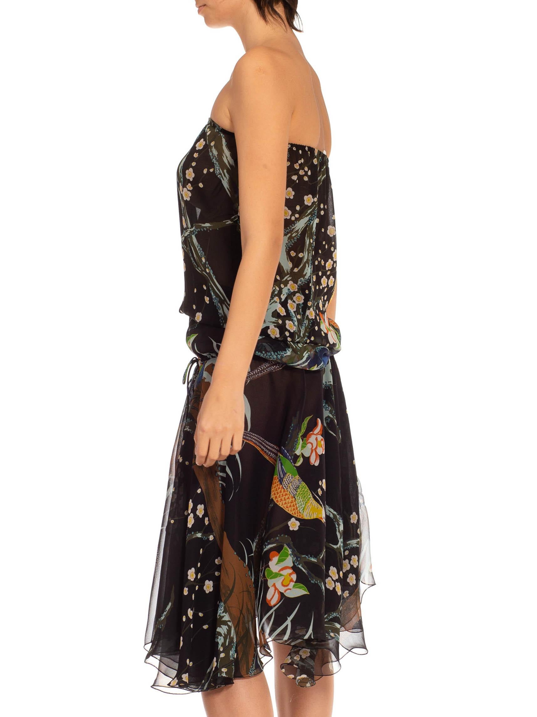 1990S Stephen Burrows Henri Bendel Black Polyester Chiffon Cherry Blossom & Bird Printed Maxi Dress