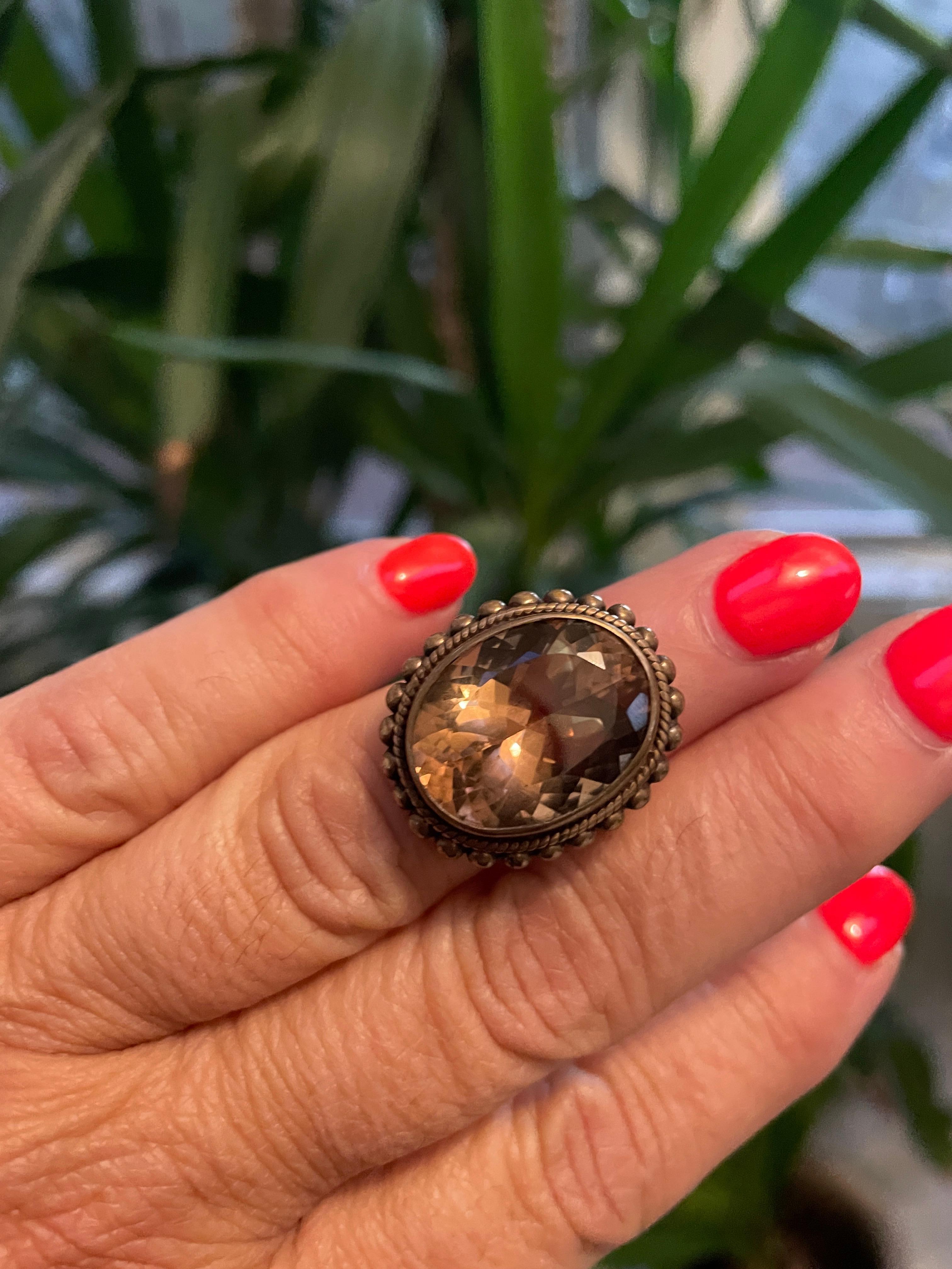 Women's Stephen Dweck Bronze Wash Sterling Silver Smokey Quartz Ring 1990s  For Sale