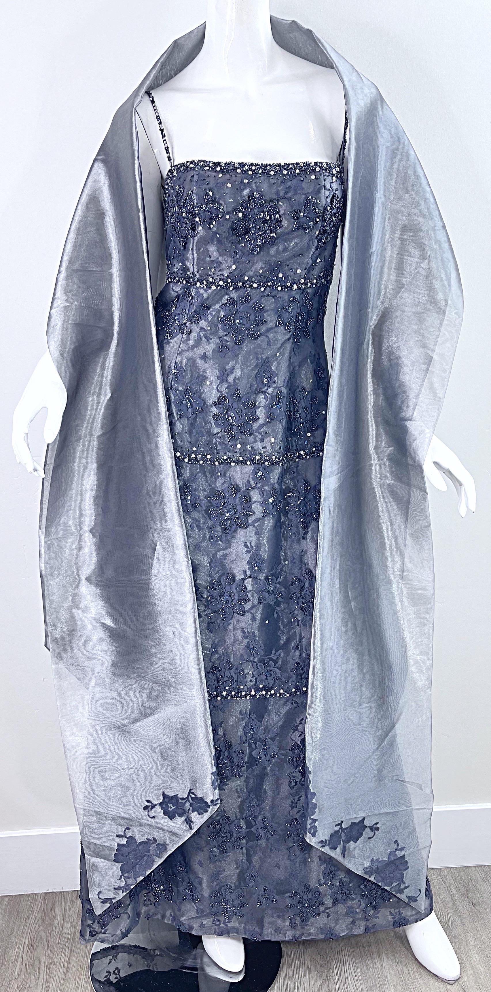 Stephen Yearick - Robe et châle en soie perlée gris bronze argenté, taille 6/8, années 1990 en vente 11