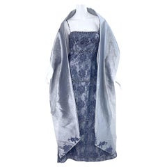 1990s Stephen Yearick Size 6 / 8 Silver Gunmetal Gray Beaded Silk Gown + Shawl