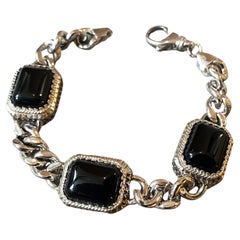 Vintage 1990s Sterling Silver and Black Onyx Italian Chain Bracelet