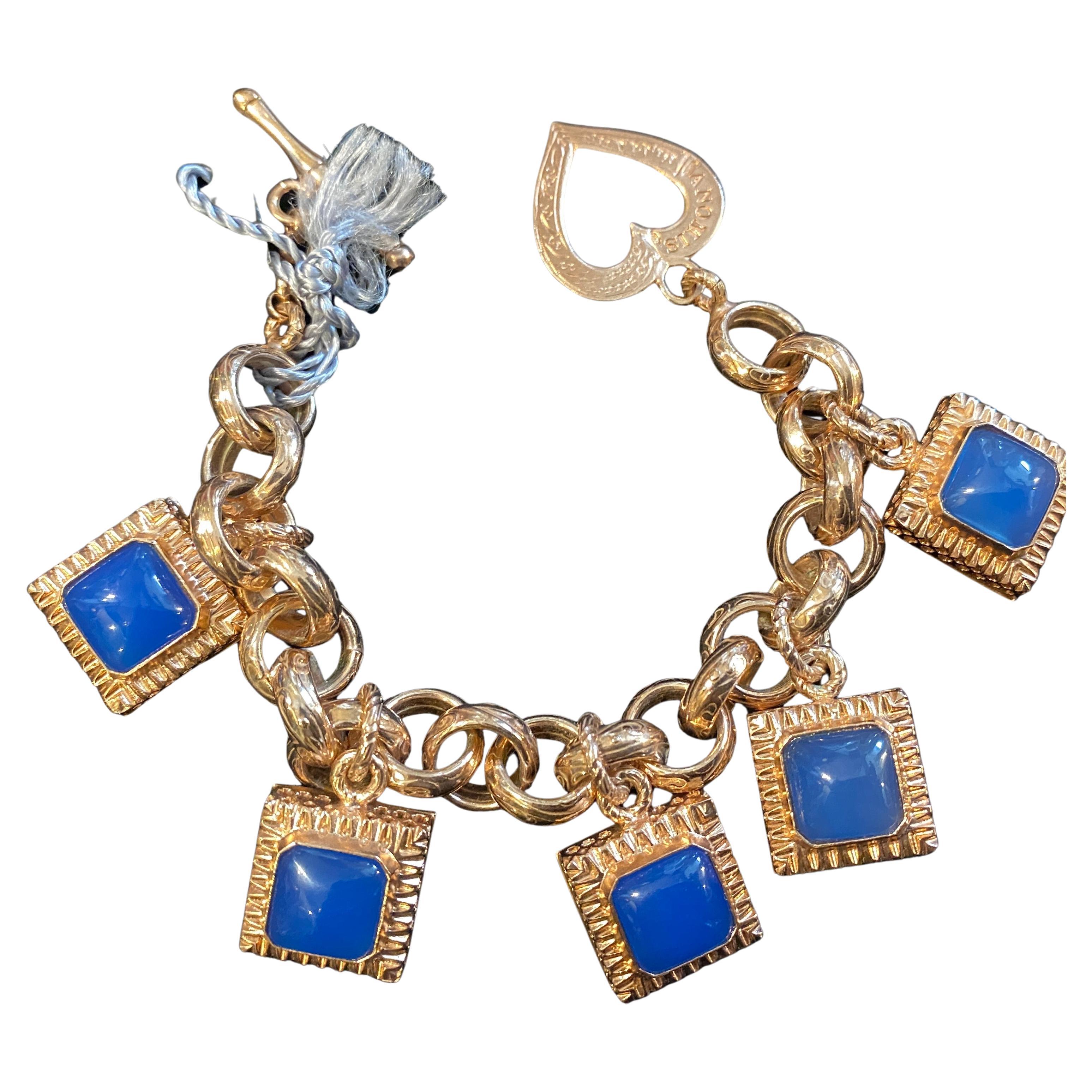 1990s Sterling Silver and Square Blue Agate Cabochon Italian Charm Bracelet