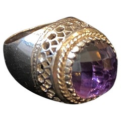 Retro 1990s Sterling Silver and Briolette Amethyst Hydrothermal Quartz Cocktail Ring