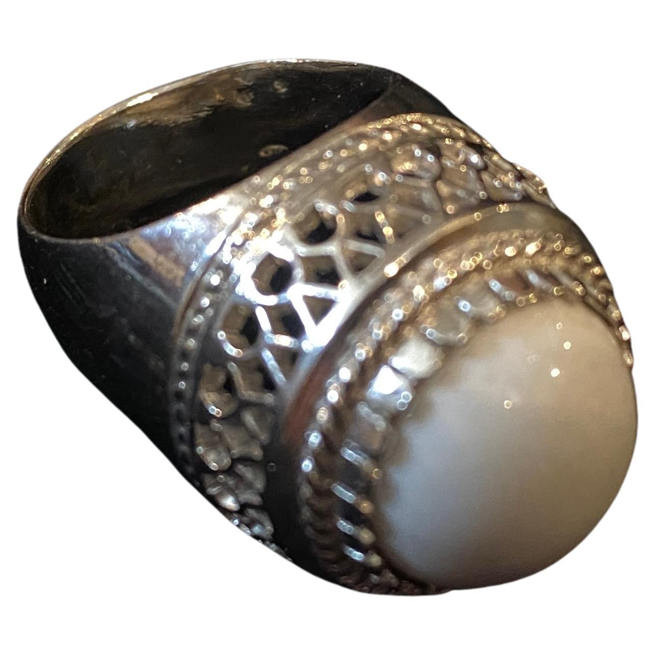 1990s Sterling Silver and  White Cabochon Agate Italian Cocktail Ring by Anomis