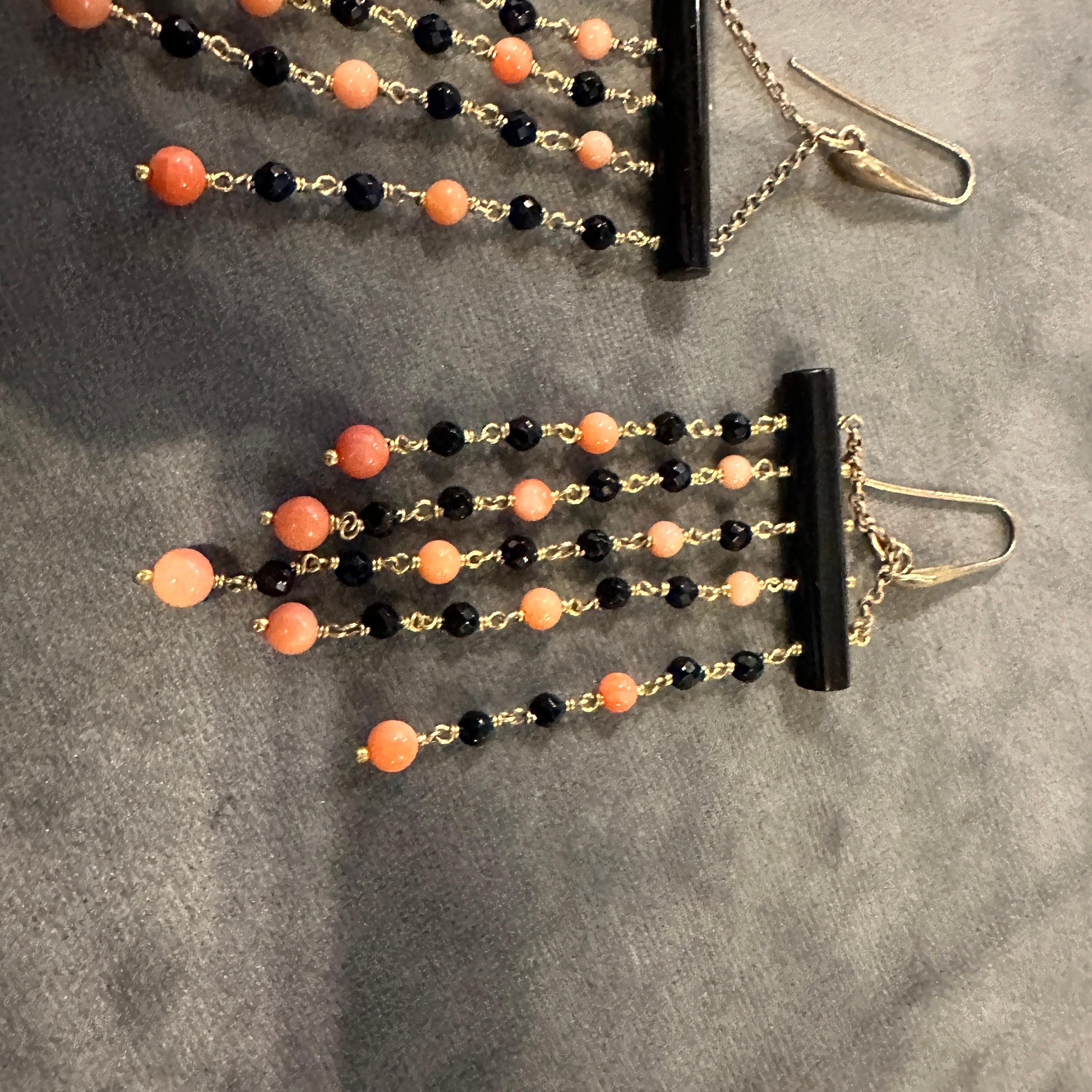 1990s Stunning Onyx and Sciacca Coral Chandelier Earrings by Carola For Sale 5