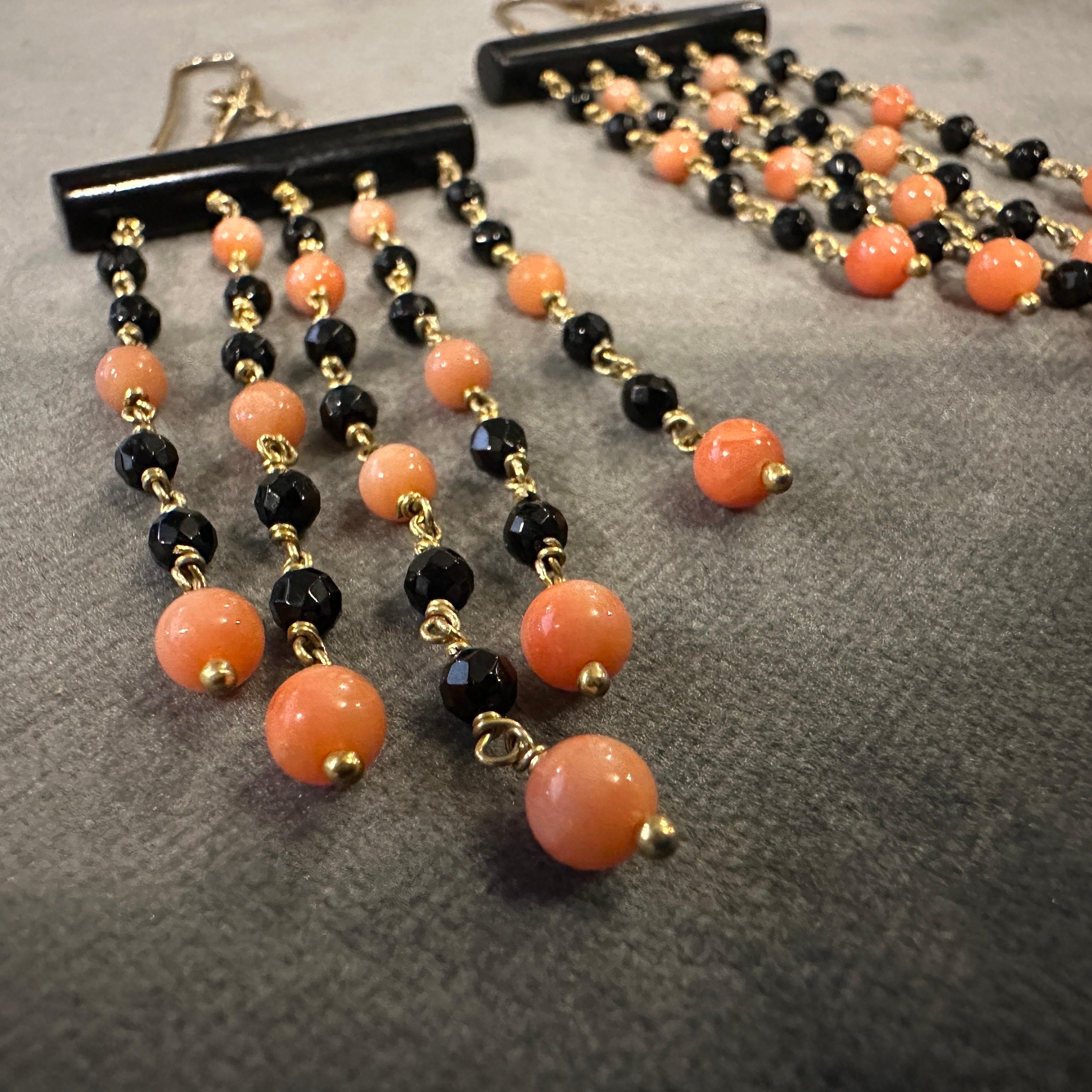 1990s Stunning Onyx and Sciacca Coral Chandelier Earrings by Carola For Sale 6