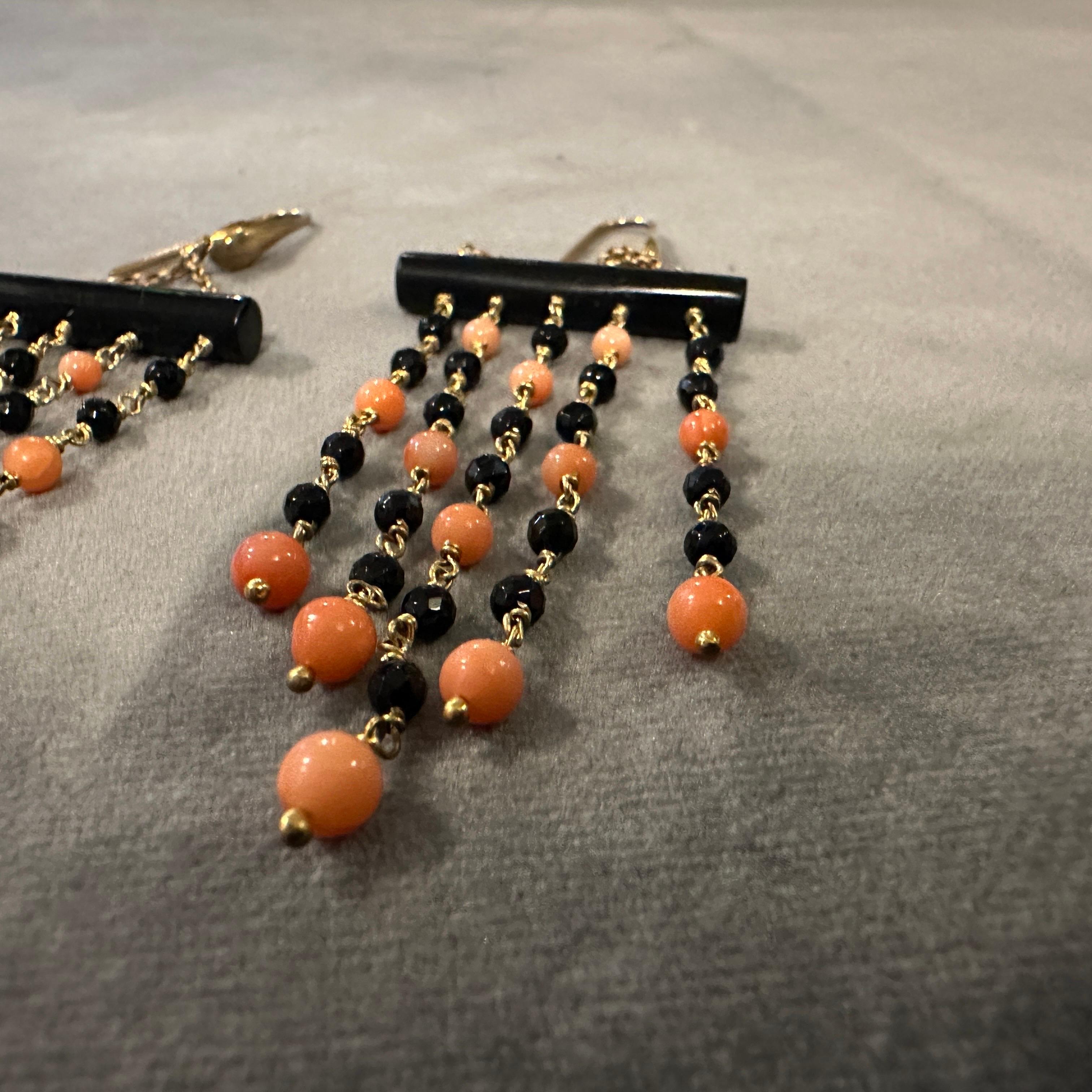 Neoclassical 1990s Stunning Onyx and Sciacca Coral Chandelier Earrings by Carola For Sale