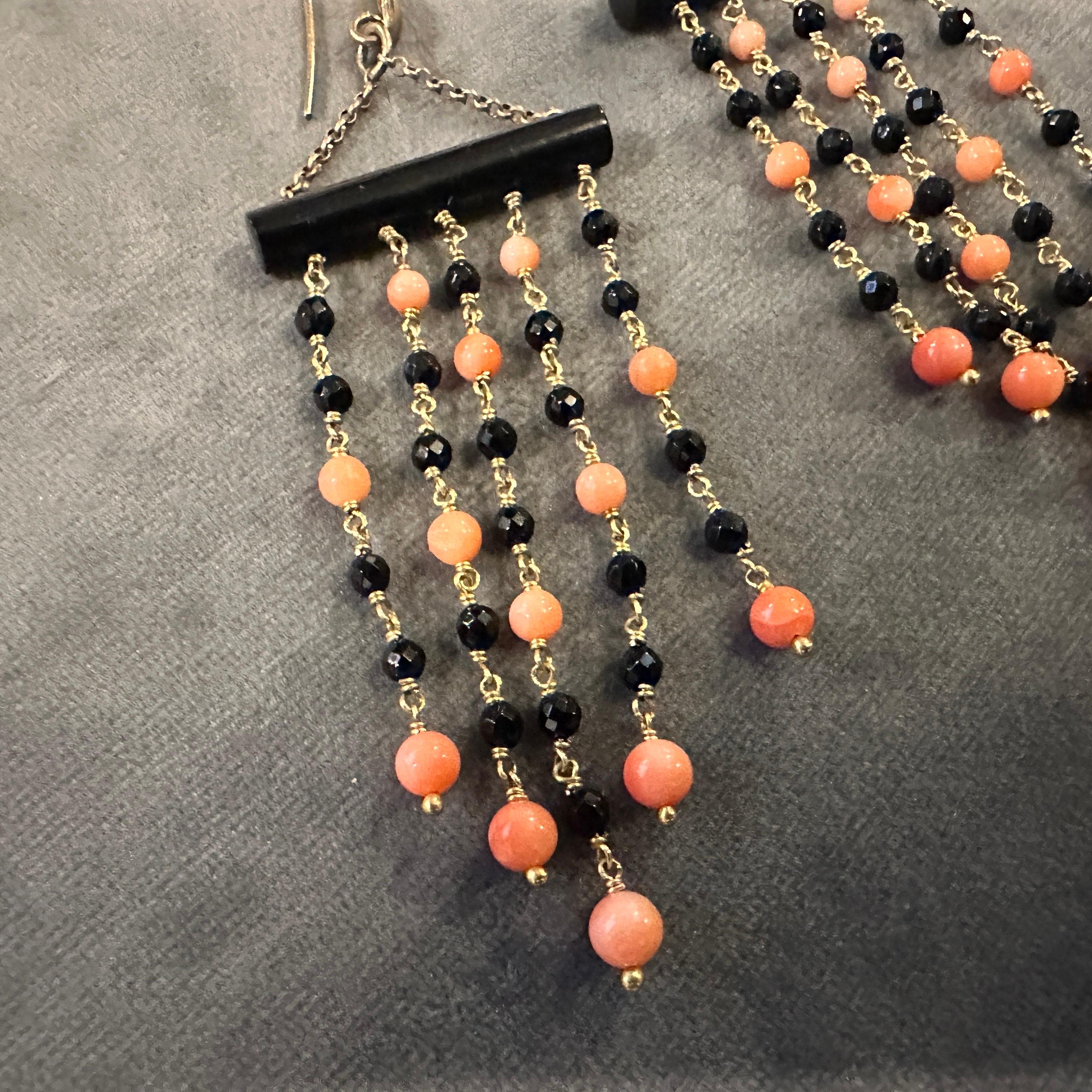 Round Cut 1990s Stunning Onyx and Sciacca Coral Chandelier Earrings by Carola For Sale