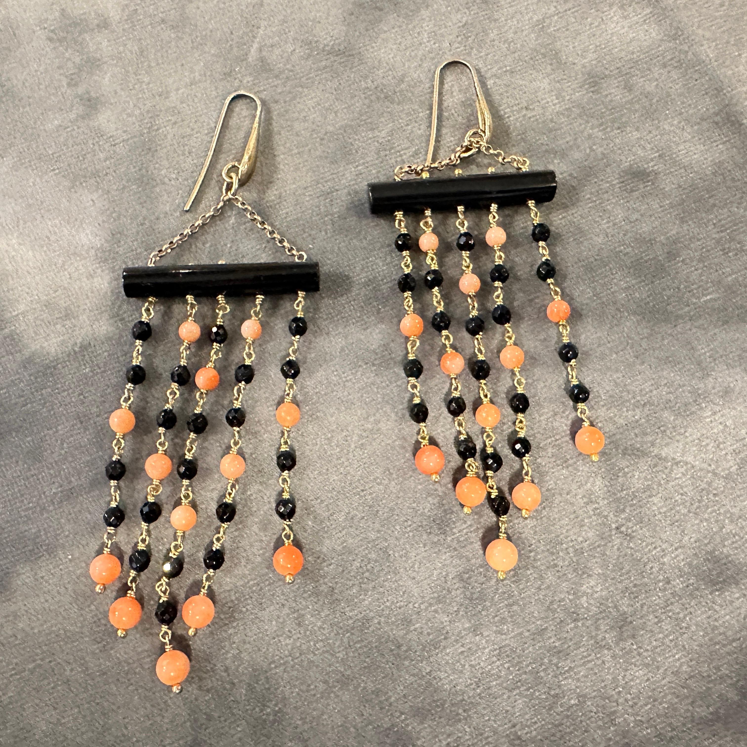 Women's 1990s Stunning Onyx and Sciacca Coral Chandelier Earrings by Carola For Sale