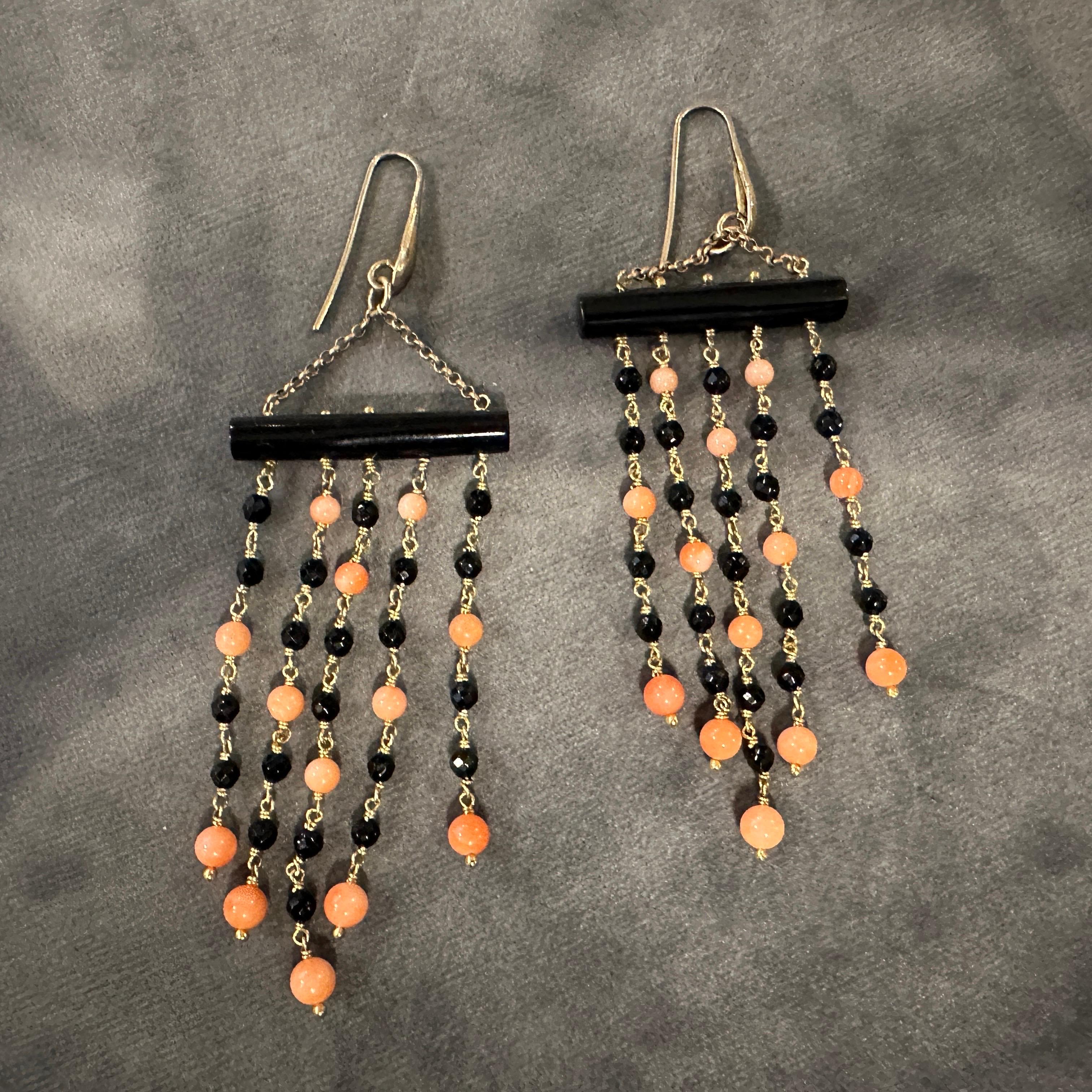 1990s Stunning Onyx and Sciacca Coral Chandelier Earrings by Carola For Sale 1
