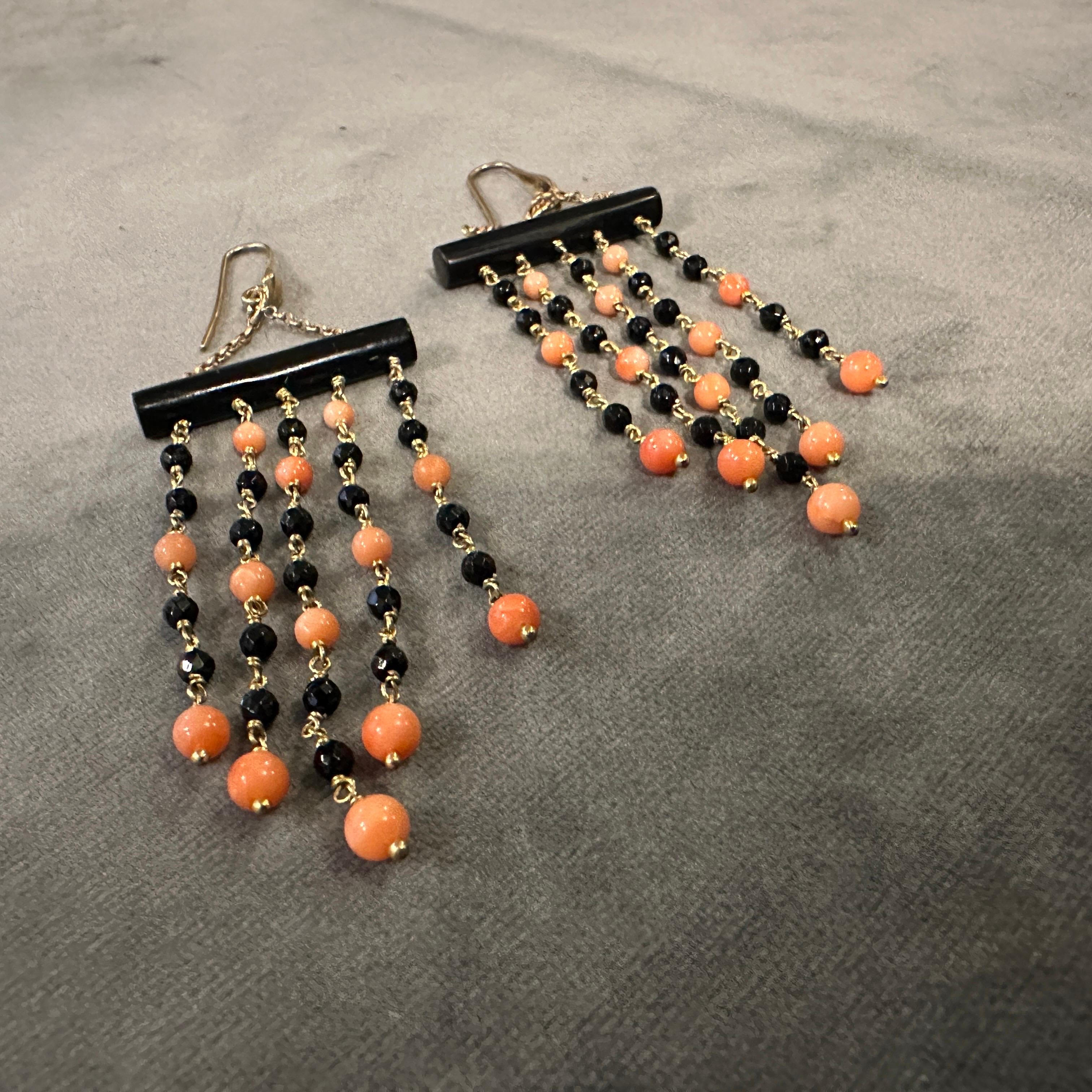 1990s Stunning Onyx and Sciacca Coral Chandelier Earrings by Carola For Sale 3