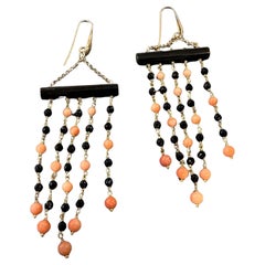1990s Stunning Onyx and Sciacca Coral Chandelier Earrings by Carola