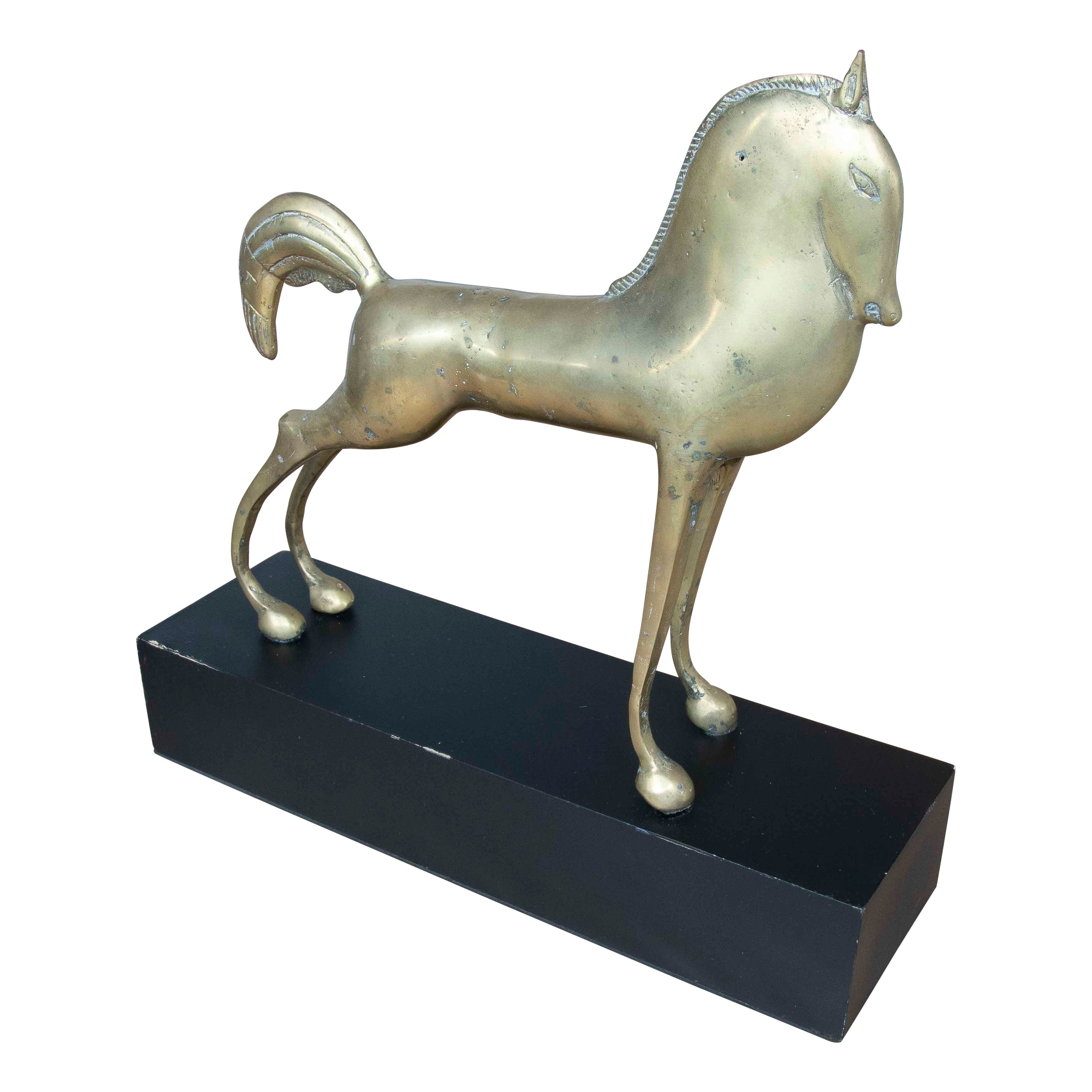 1990s Stylized Bronze Horse Sculpture on Black Base